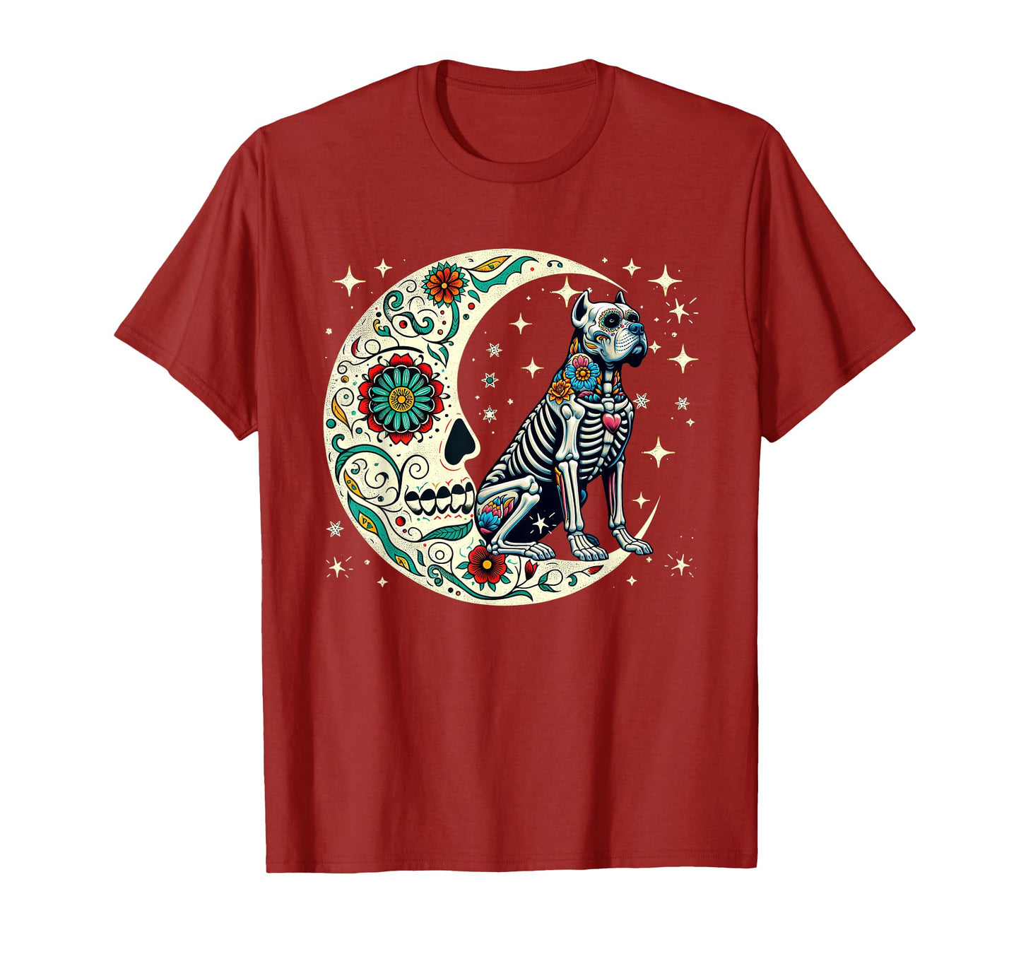 Dia De Los Muertos Halloween Moon Floral Skeleton Cane Corso T-Shirt