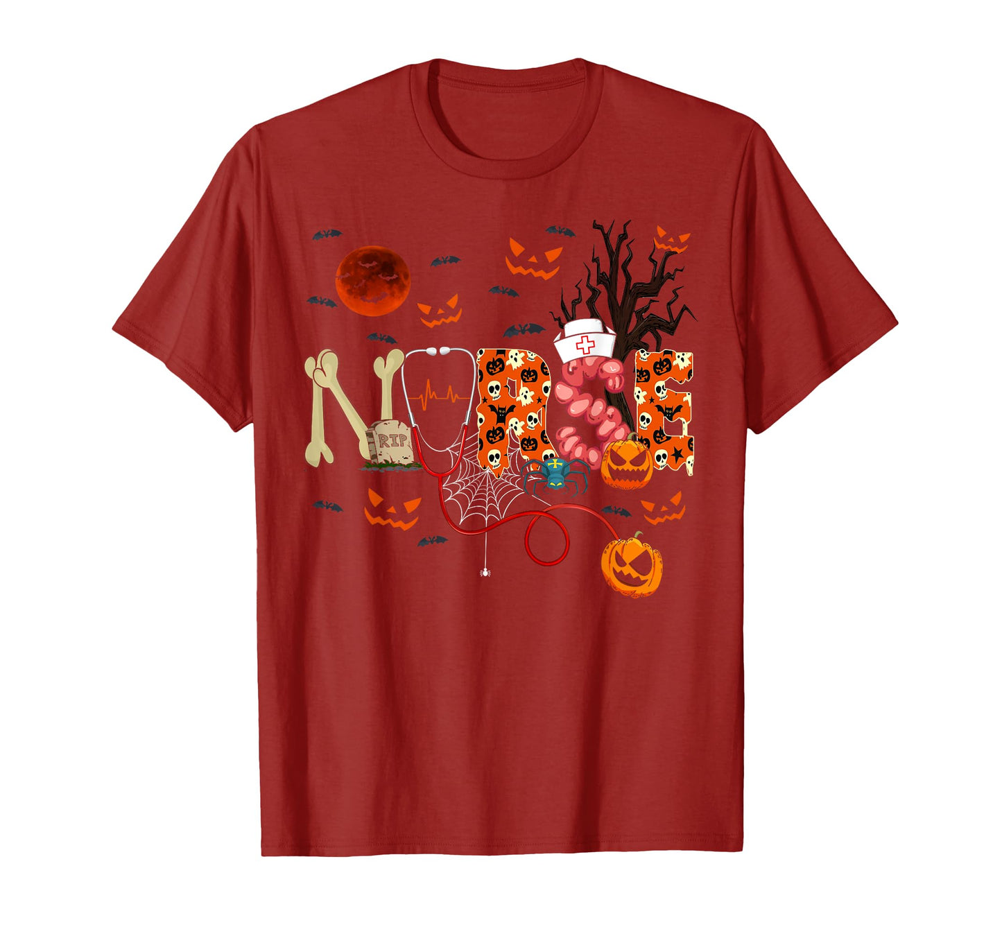 Nurse Funny Stethoscope Nurse Pumpkin Skull Lover Halloween T-Shirt