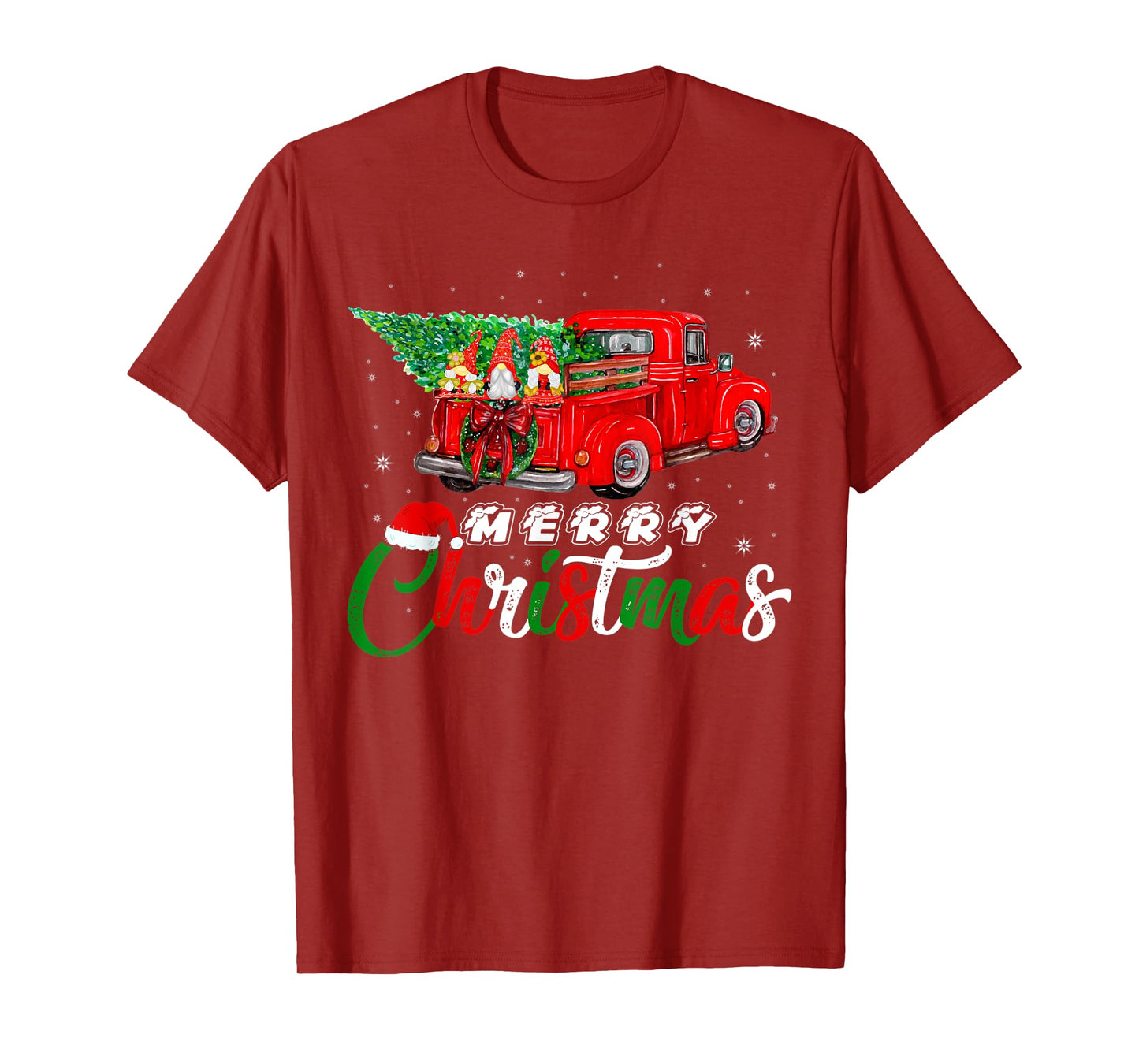 Three Gnomes In Red Truck With Christmas Pine Tree Xmas Day T-Shirt