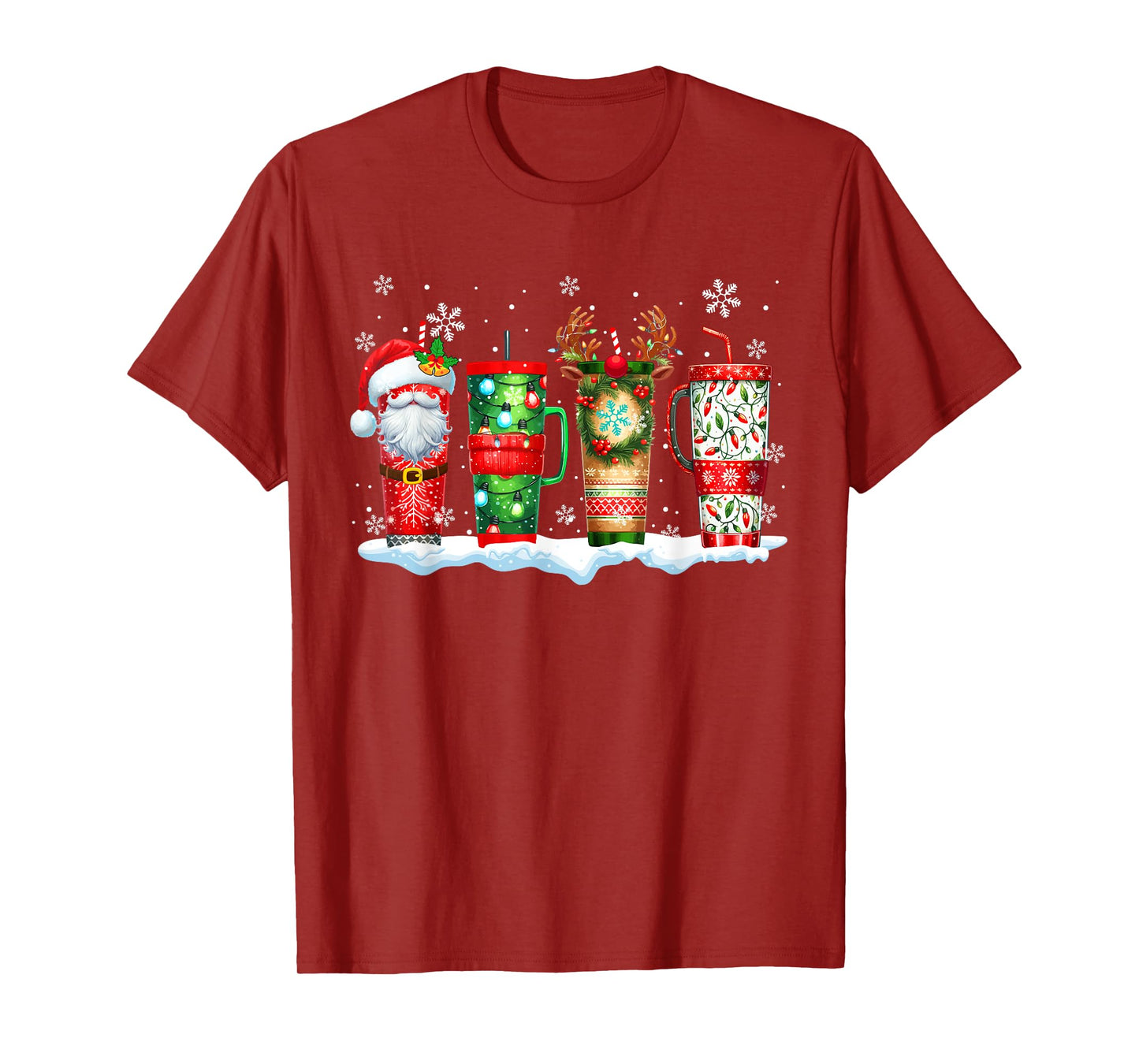 Three Santa Reindeer Elf Tumblers Of Coffee Christmas Lover T-Shirt