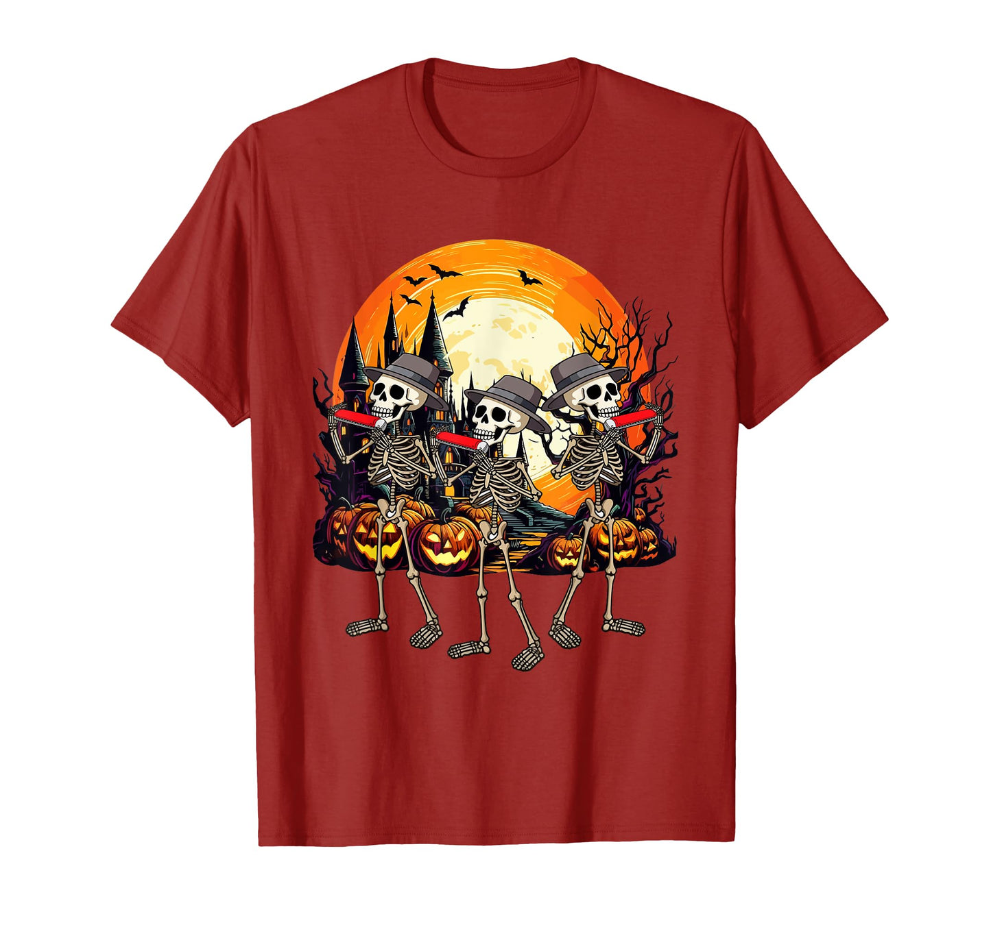 Three Funny Skeletons Playing Harmonica Halloween Instrument T-Shirt