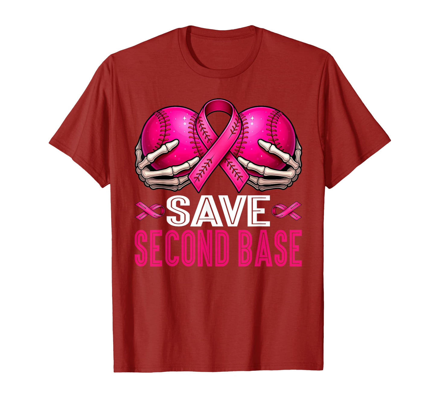 Save 2nd Base Breast Cancer Awareness Pink Ribbon Baseball T-Shirt
