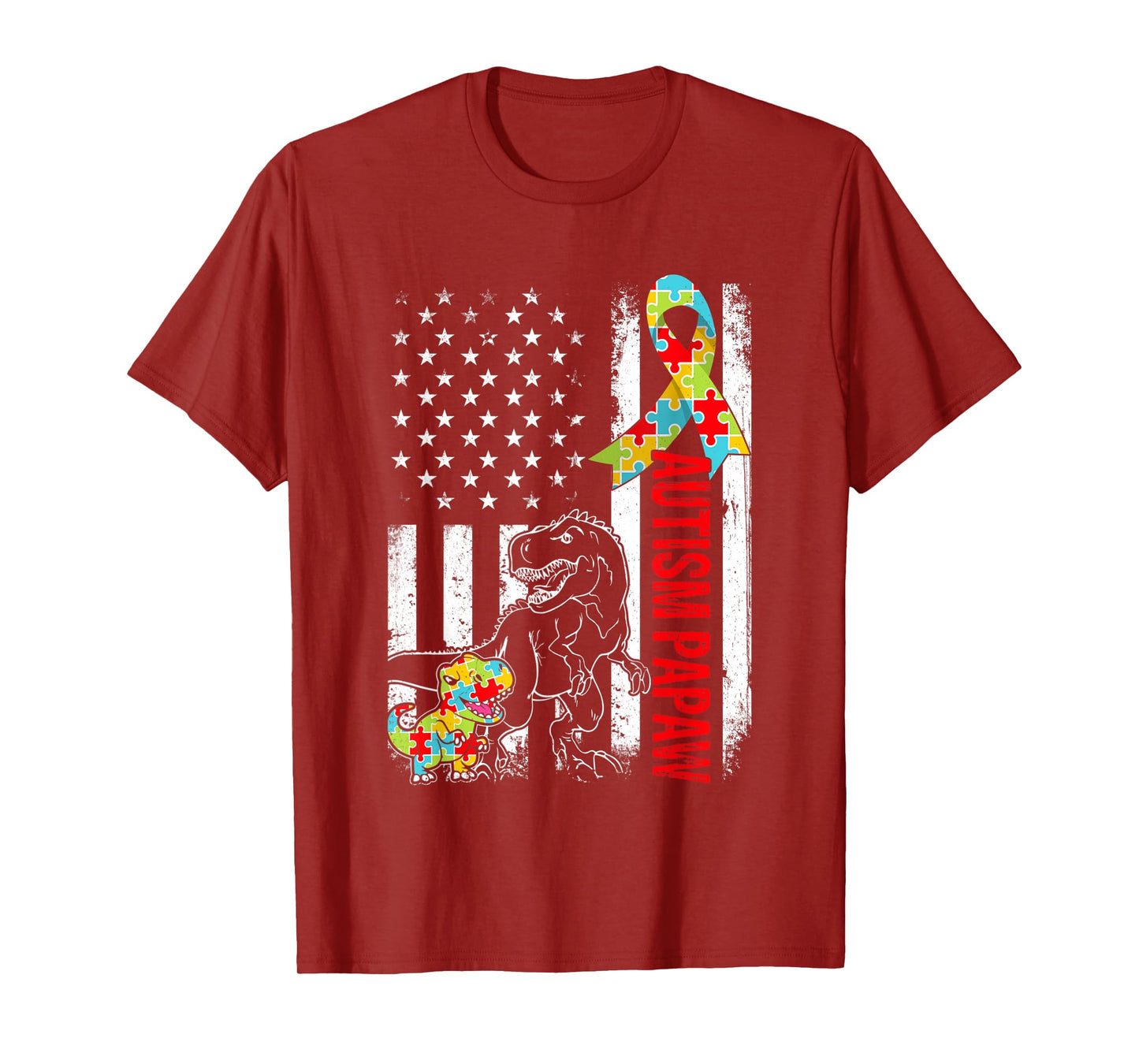 American Flag Autism Papaw Dinosaur Awareness Autistic Women Kids Men T-Shirt
