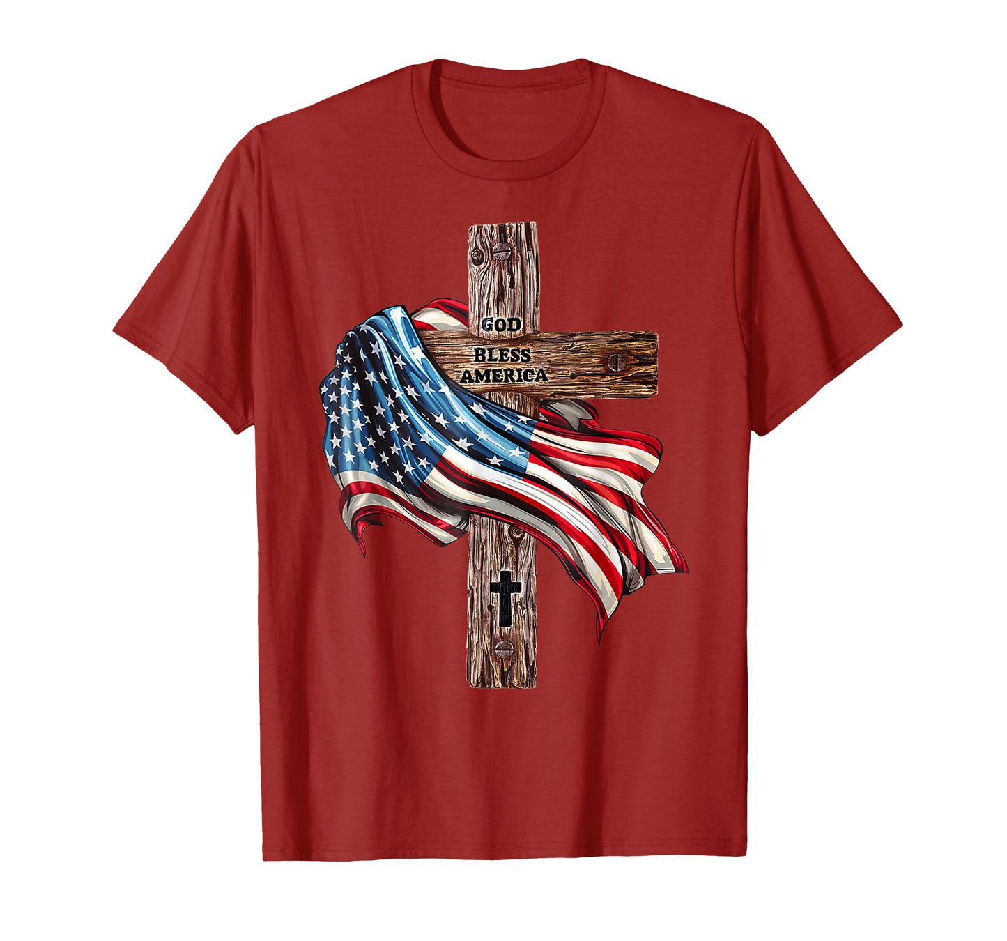 God Bless America Cross American Flag US Patriotic Christian T-Shirt for Women Kids Men