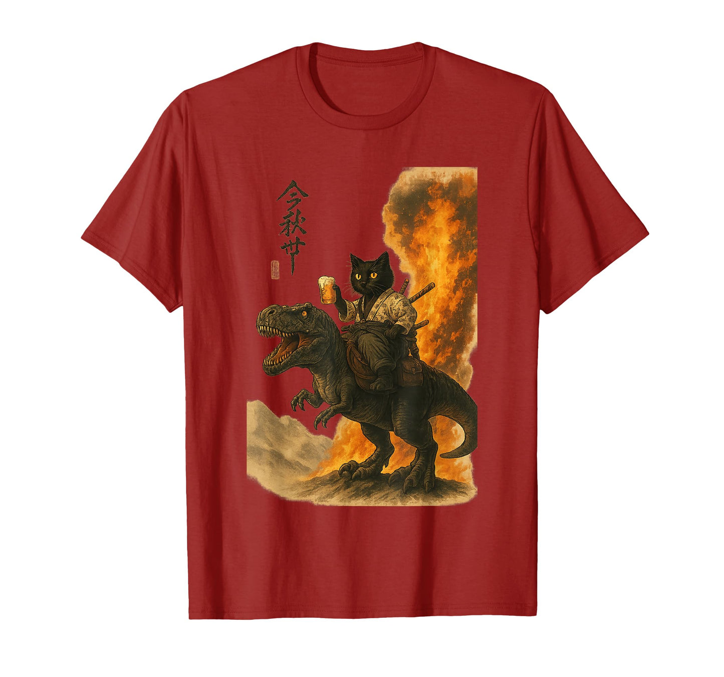 Black Cat Samurai Dinosaur Sea Wave Print T-Shirt