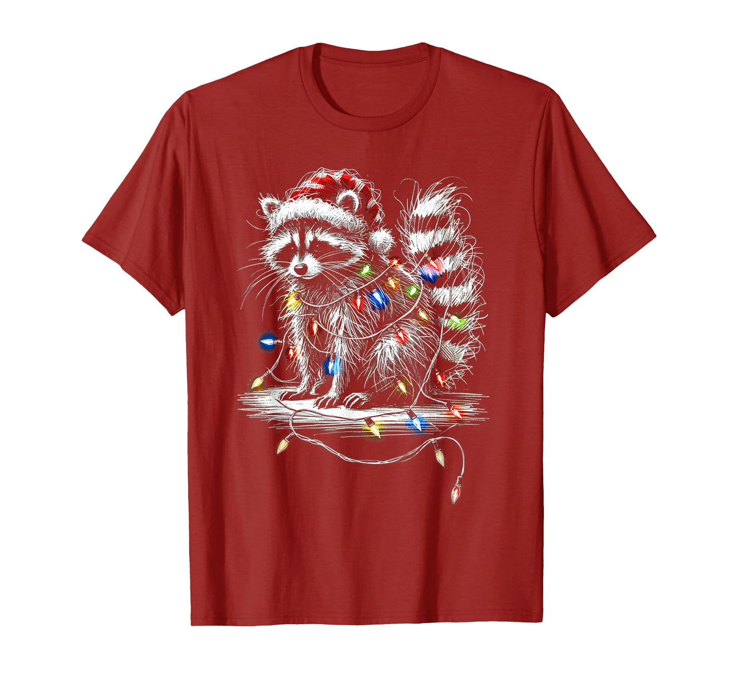 Funny Raccoon Santa Hat Christmas Tree Lights Pajama T-Shirt