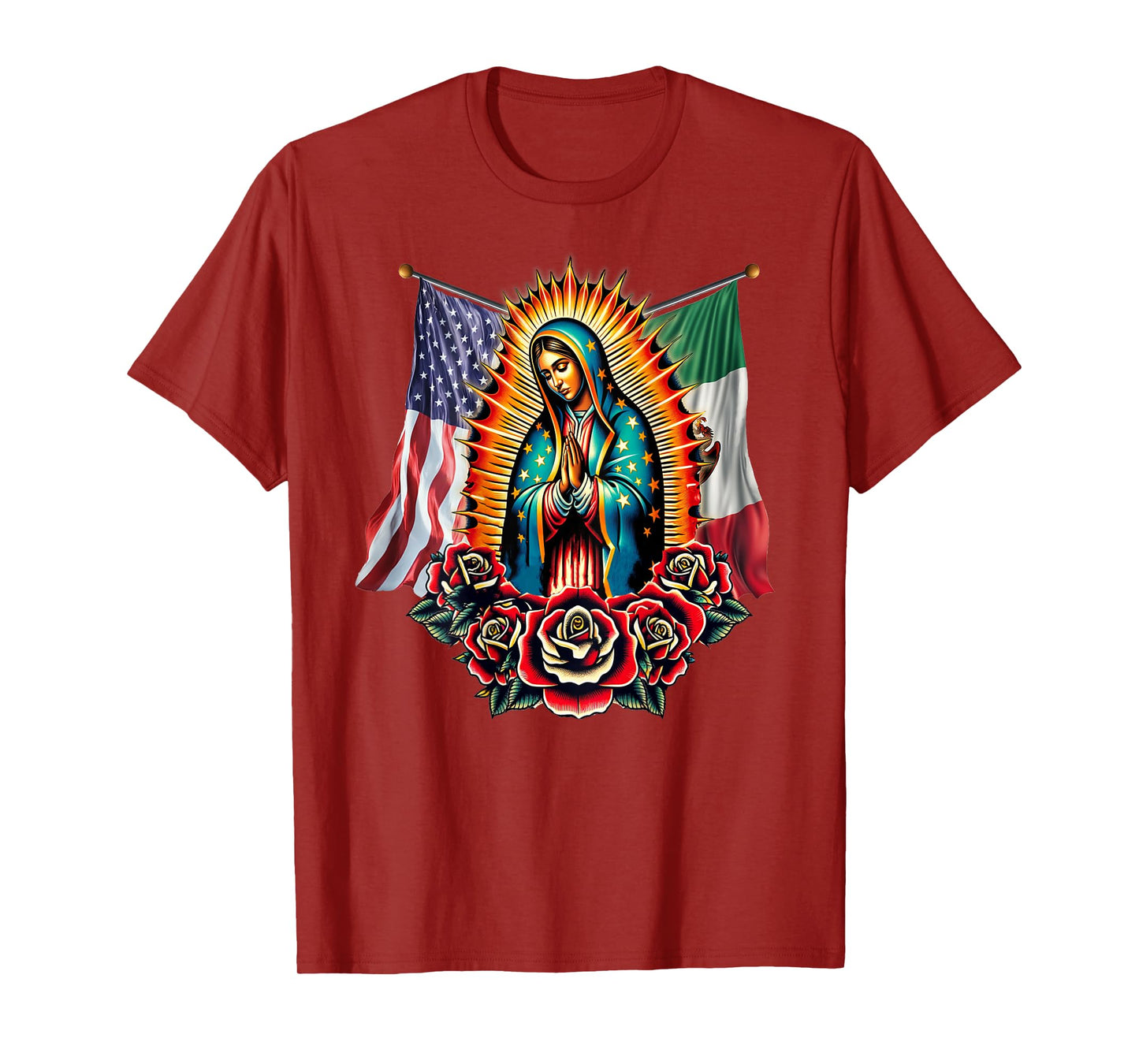 Virgen De Guadalupe Virgin Mary Mexican American Flag T-Shirt