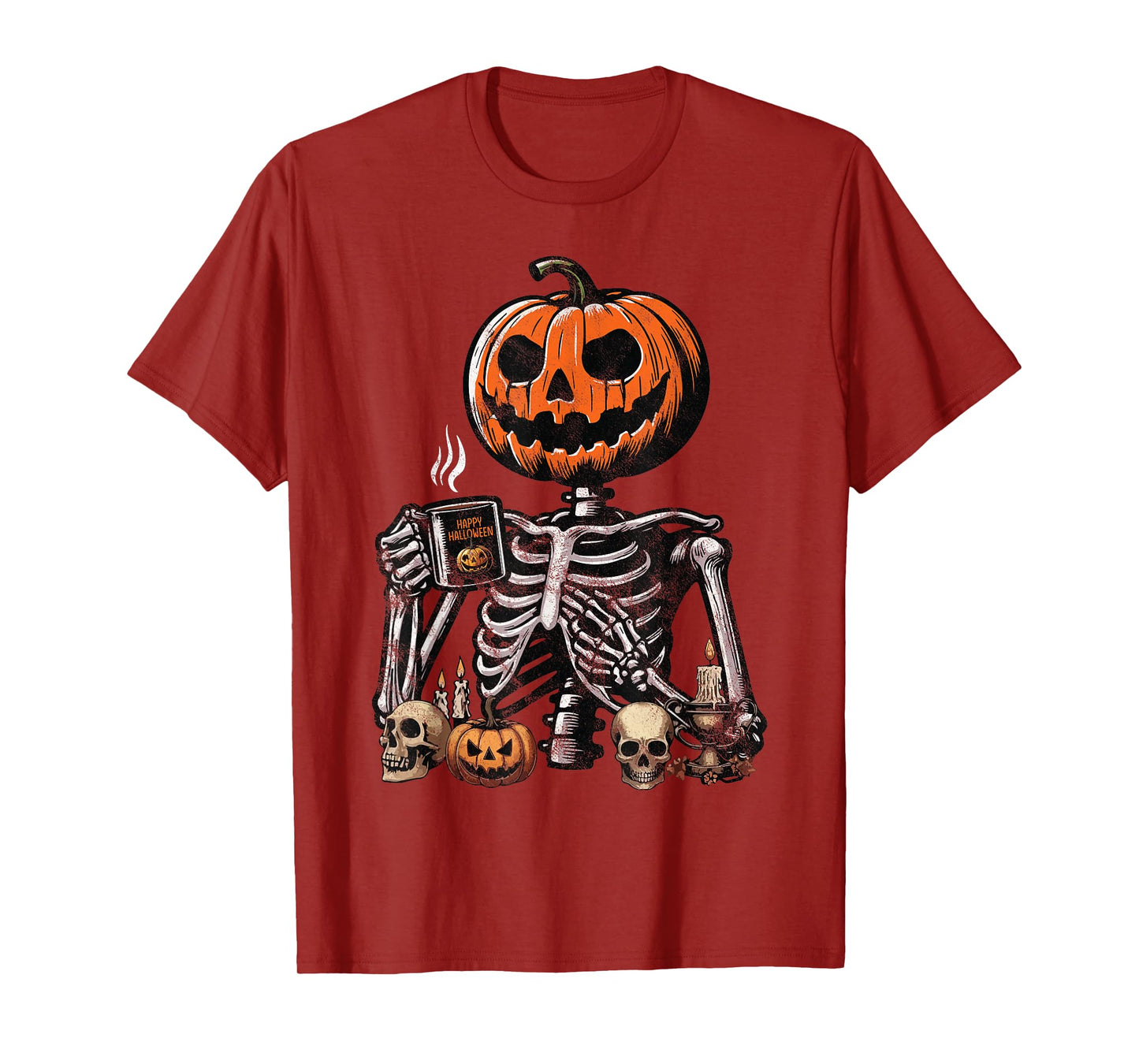 Skeleton Pumpkin Coffee Drinking Funny Halloween Costume T-Shirt