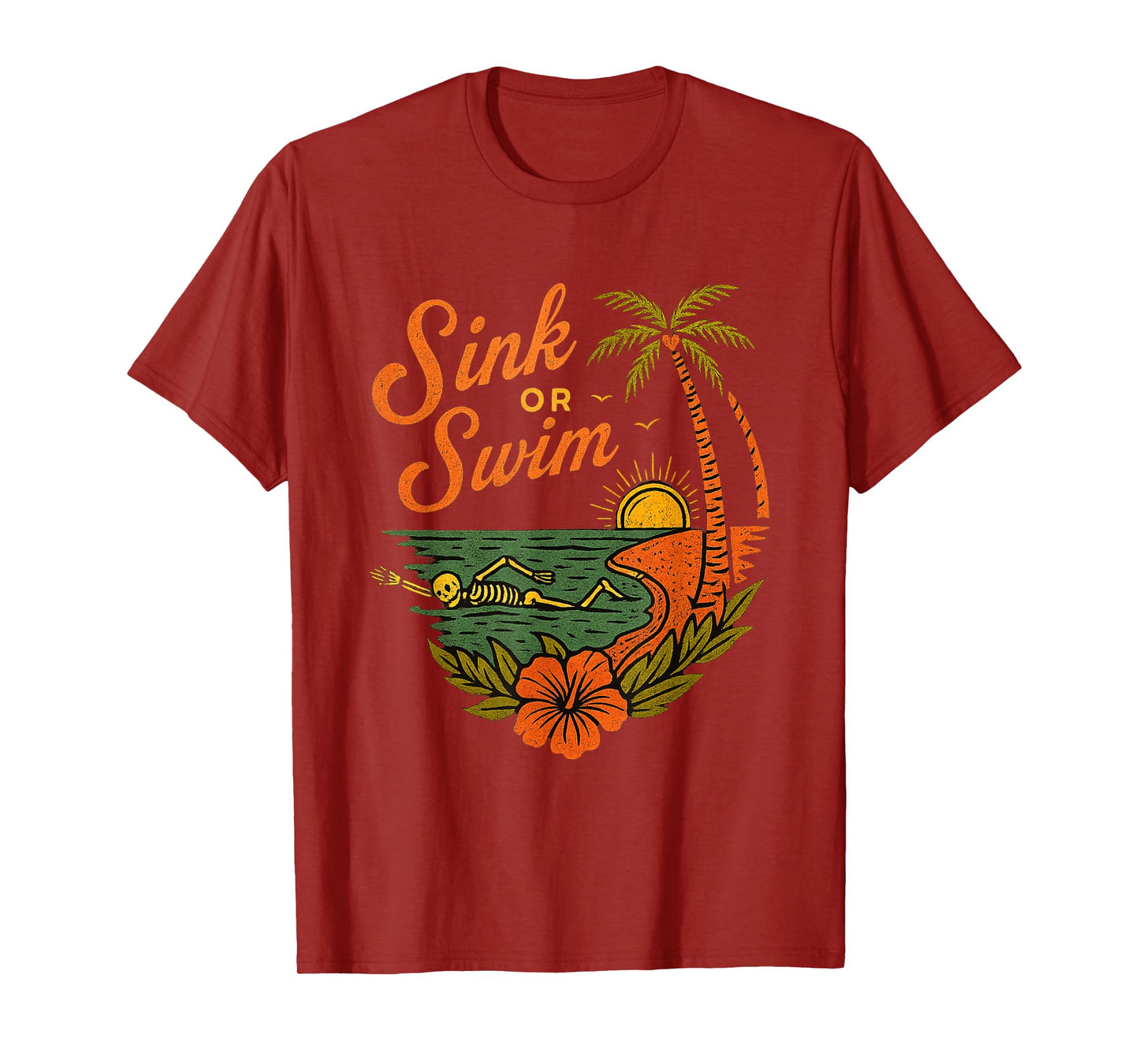 Tropical Sink or Swim Skeleton Funny Beach Summer Sunset T-Shirt