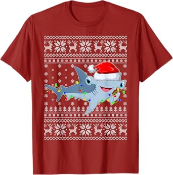 Ugly Sweater Xmas Lights Santa Hammerhead Shark Christmas T-Shirt
