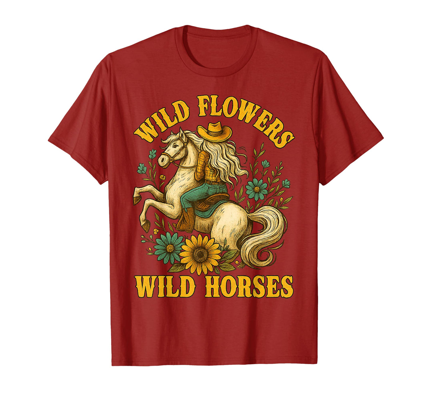 Flowers Wild Horses Cowgirl Western Vintage Gifts Women Girl T-Shirt