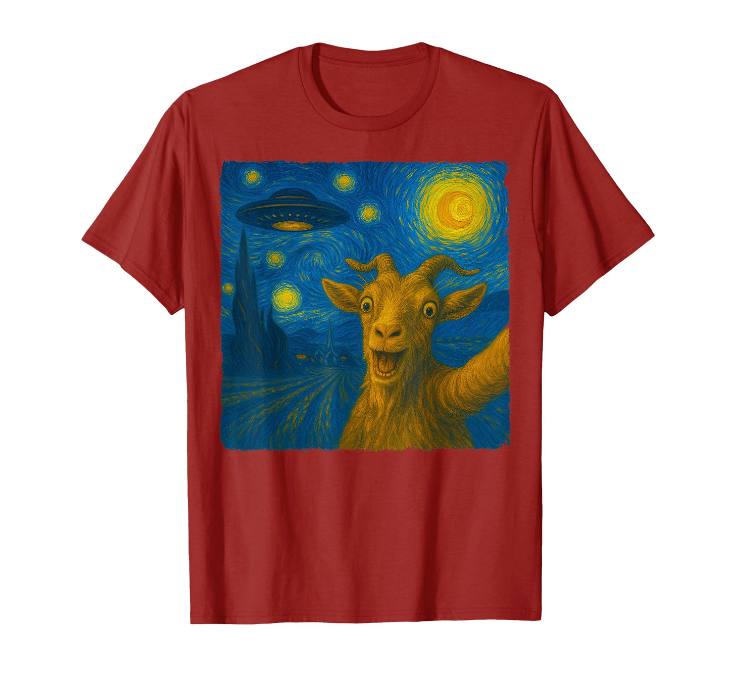 Goat Selfie with UFO Starry Night Van Gogh Art Men Women Kid T-Shirt