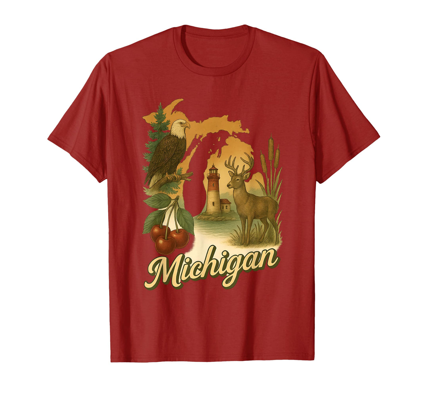 Michigan Nature Scene with Wildlife, Lighthouse Cherries T-Shirt