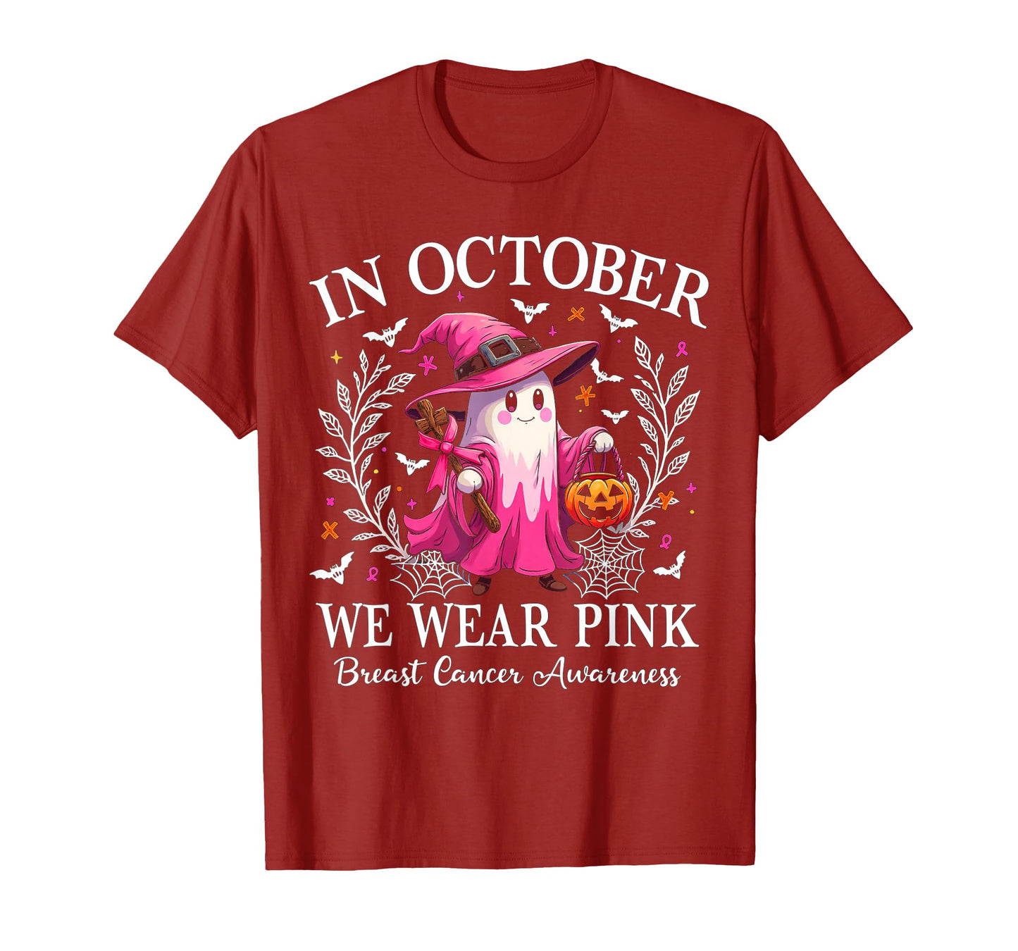 Breast Cancer Awareness 2025 Cute Pink Ghost with Witch Hat T-Shirt