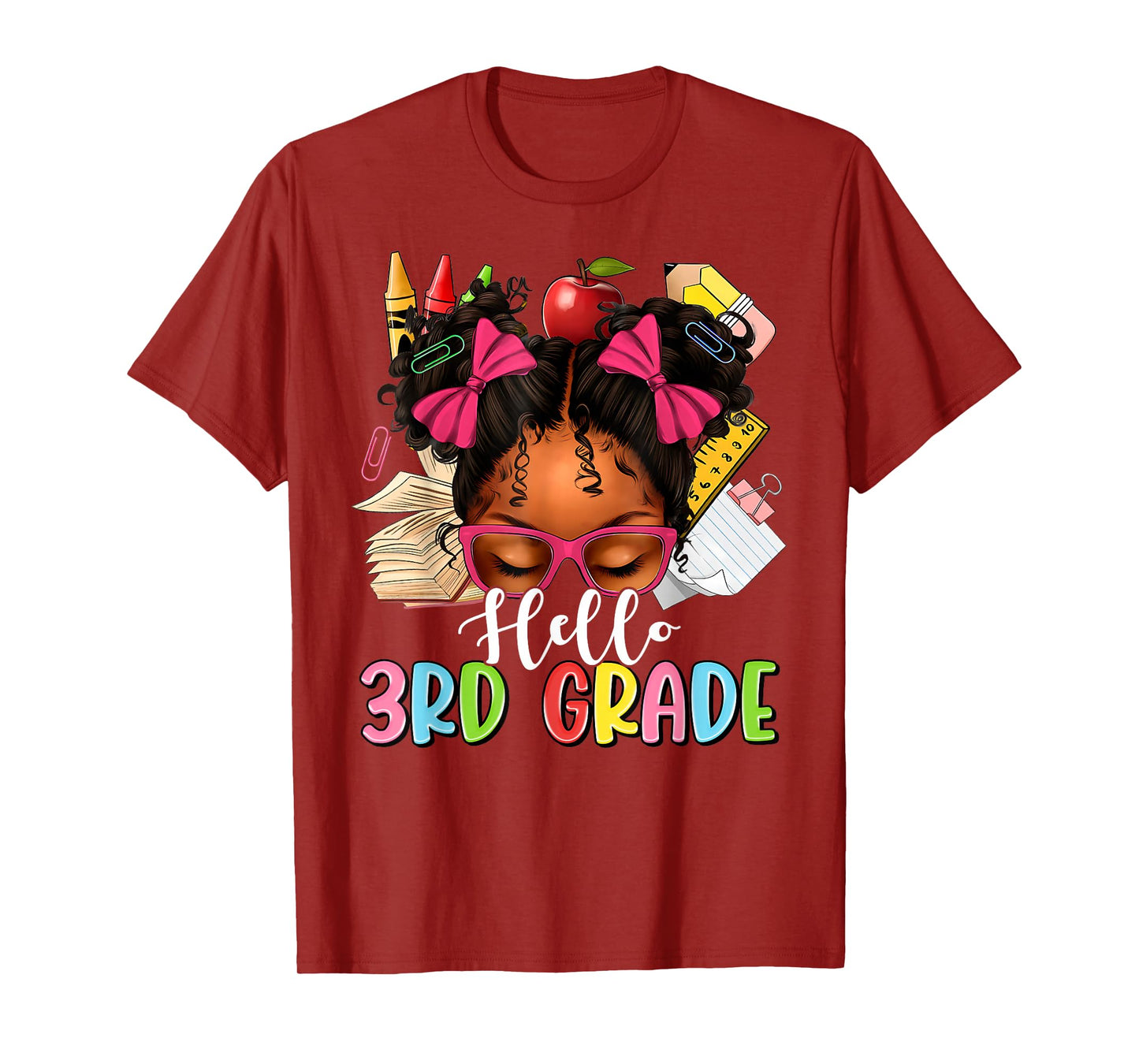 Hello Third Grade Back To School Messy Bun Afro Girl Kids T-Shirt
