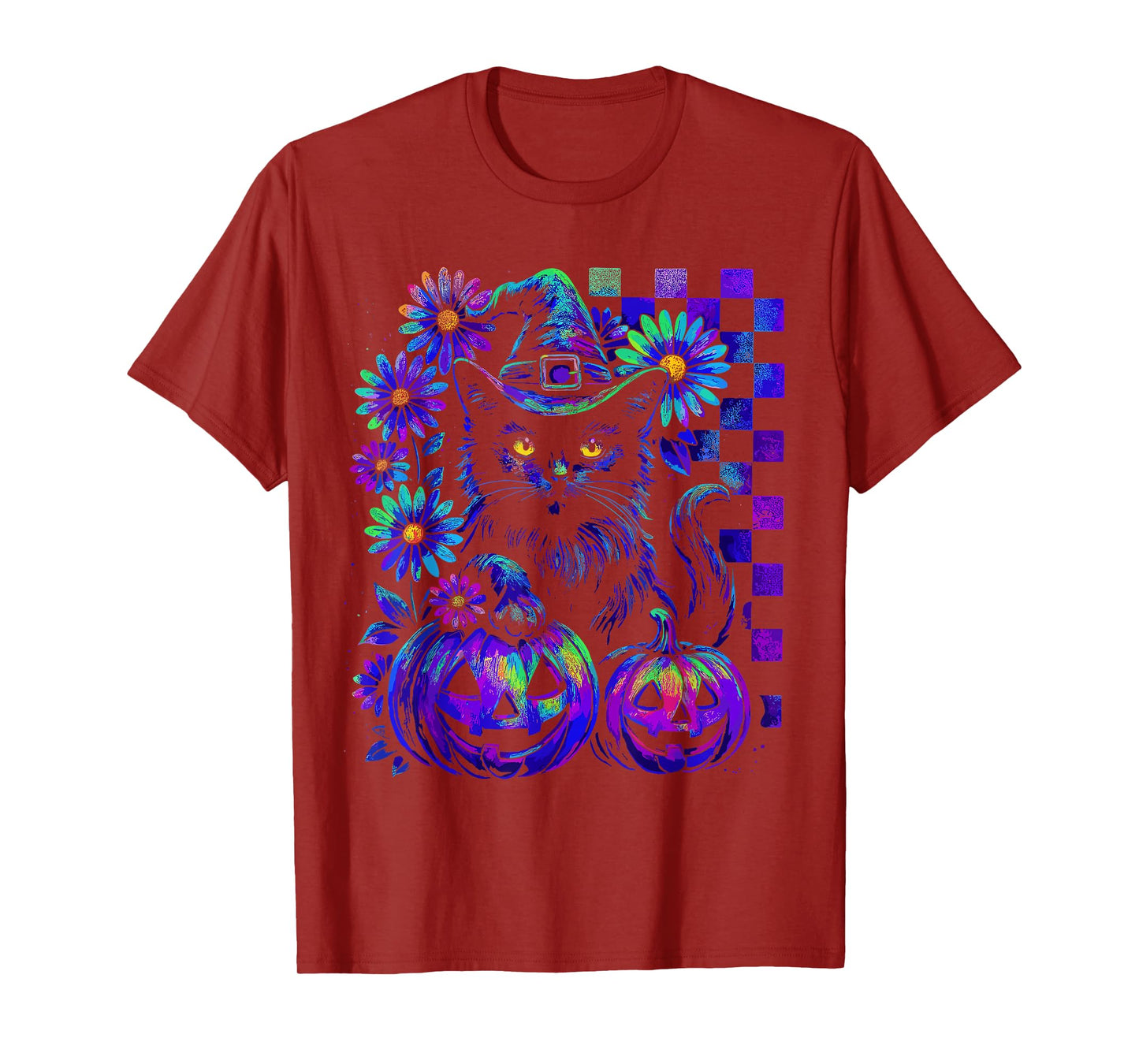 Retro Floral Checkered and Witch Cat with Pumpkins Halloween T-Shirt