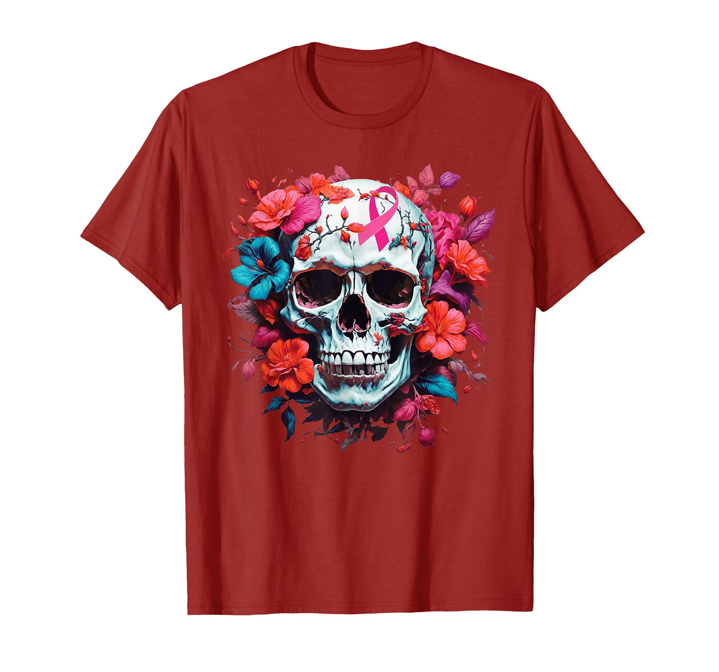 Breast Cancer Skull Shirt For Women Sugar Skull Pink Ribbon T-Shirt