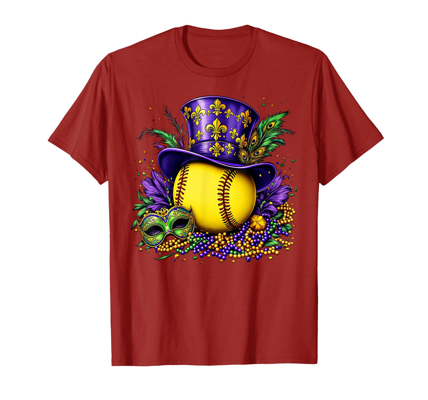 Softball Top Hat Masked Beads Mardi Gras Men Women T-Shirt