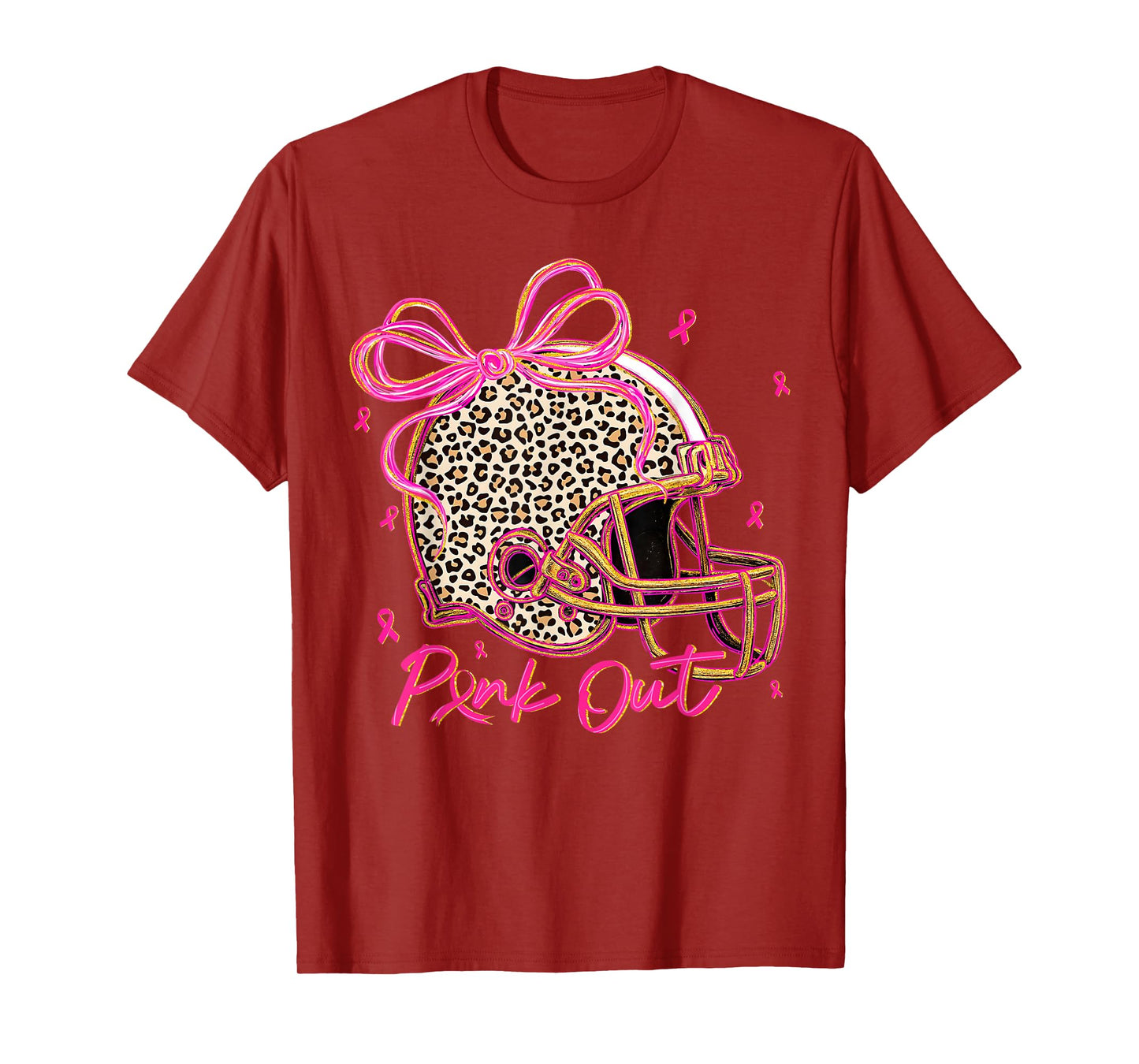 Pink Out Leopard Football Helmet Bow Preppy Breast Cancer T-Shirt