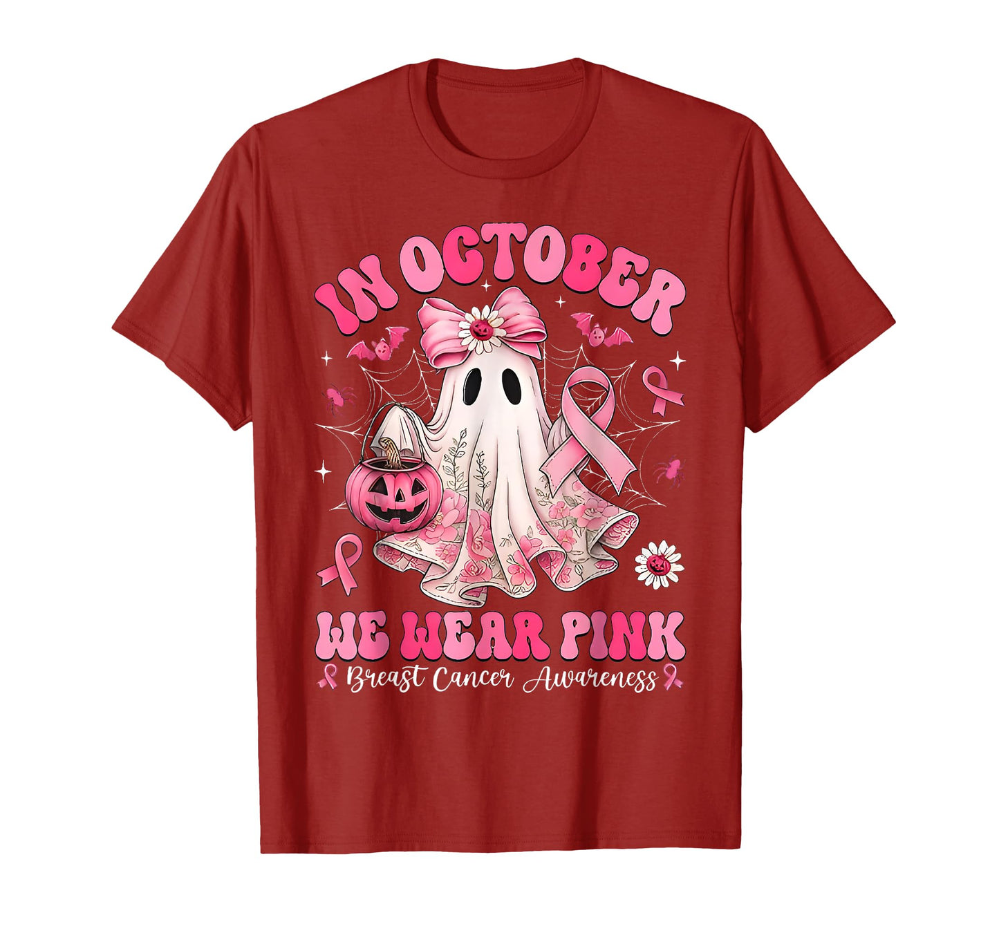 in October We Wear Pink Ghost Bow Breast Cancer Awareness T-Shirt