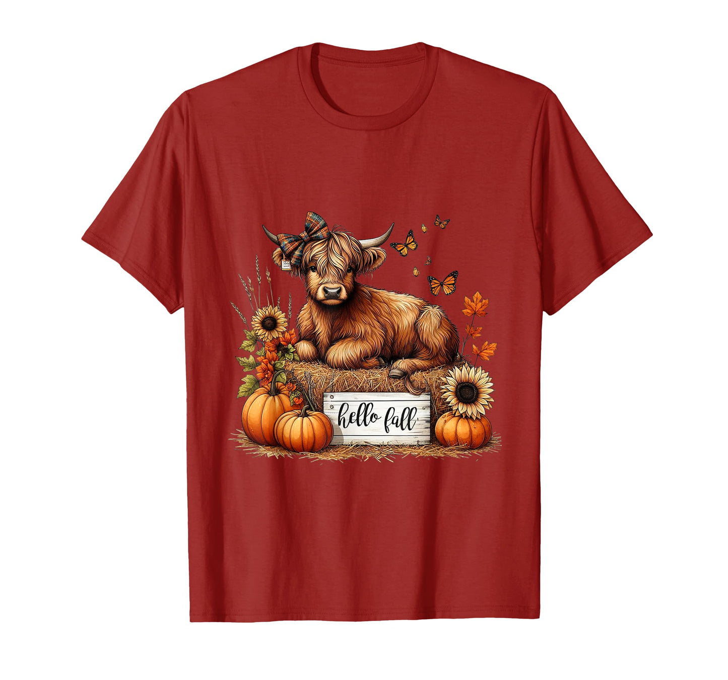 Hello Fall Pumkin Highland Cow Fall Autumn Thanksgiving T-Shirt