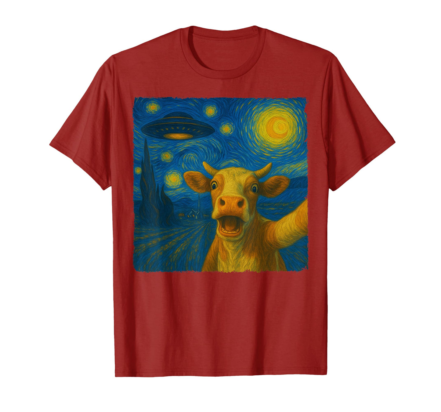 Cow Selfie with UFO Starry Night Van Gogh Gift Men Women Kid T-Shirt