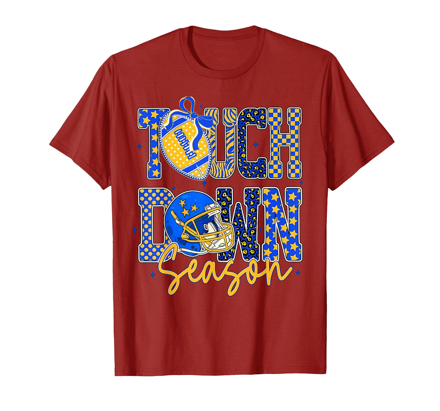 Leopard Blue Gold Checkered Football Touchdown Season T-Shirt