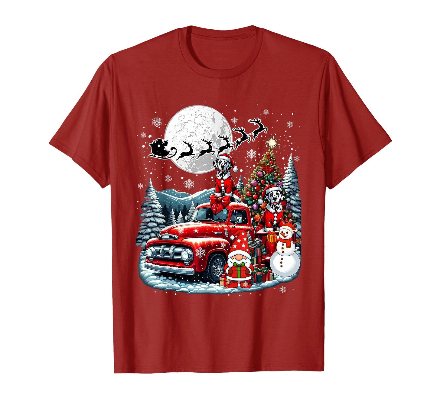 Group Xmas Gnome Snowman Santa Dalmatians On Pickup Truck T-Shirt