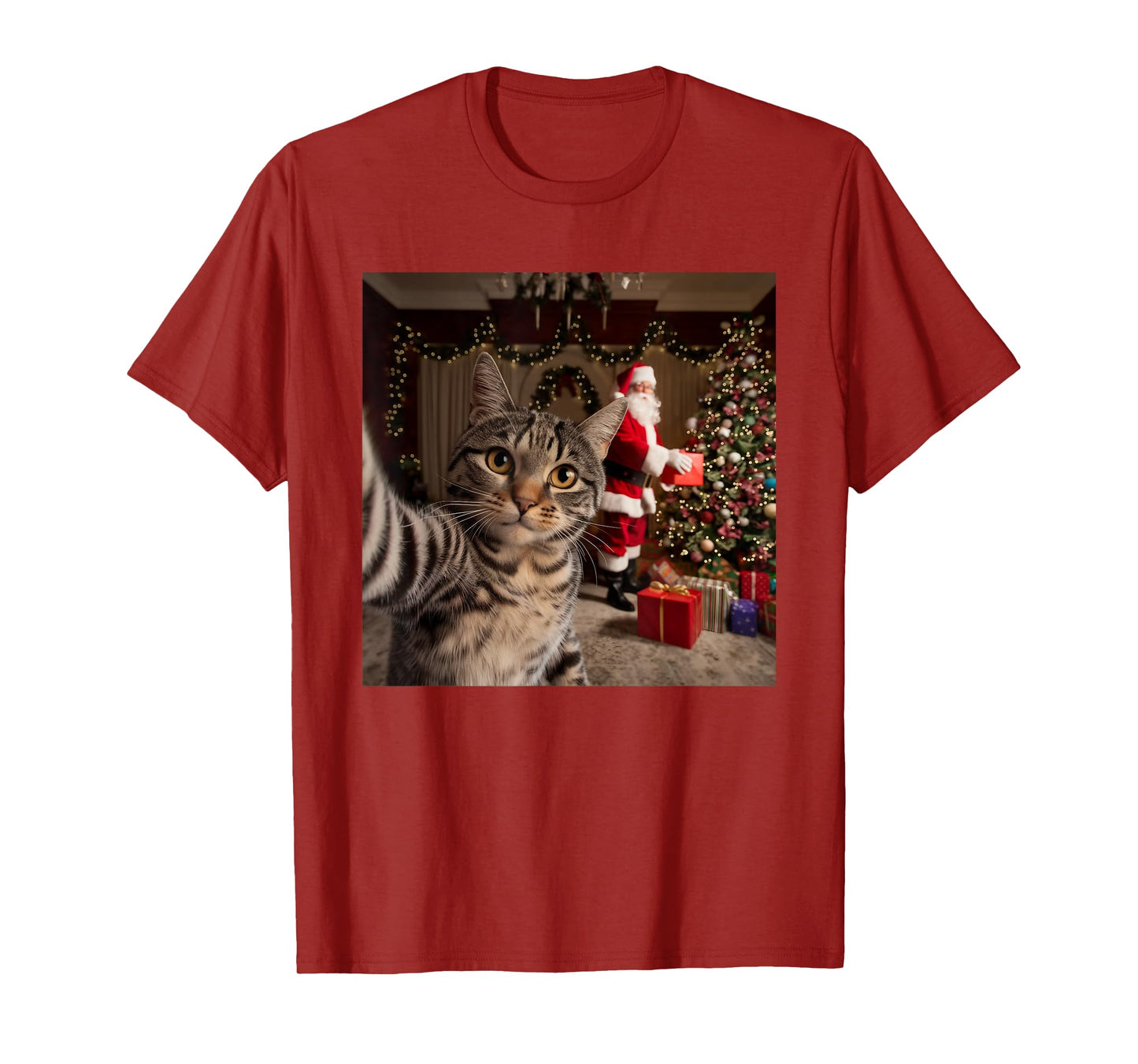 Christmas Cat Selfie with Santa Claus Cute Holiday Photo T-Shirt for Men Women Kids