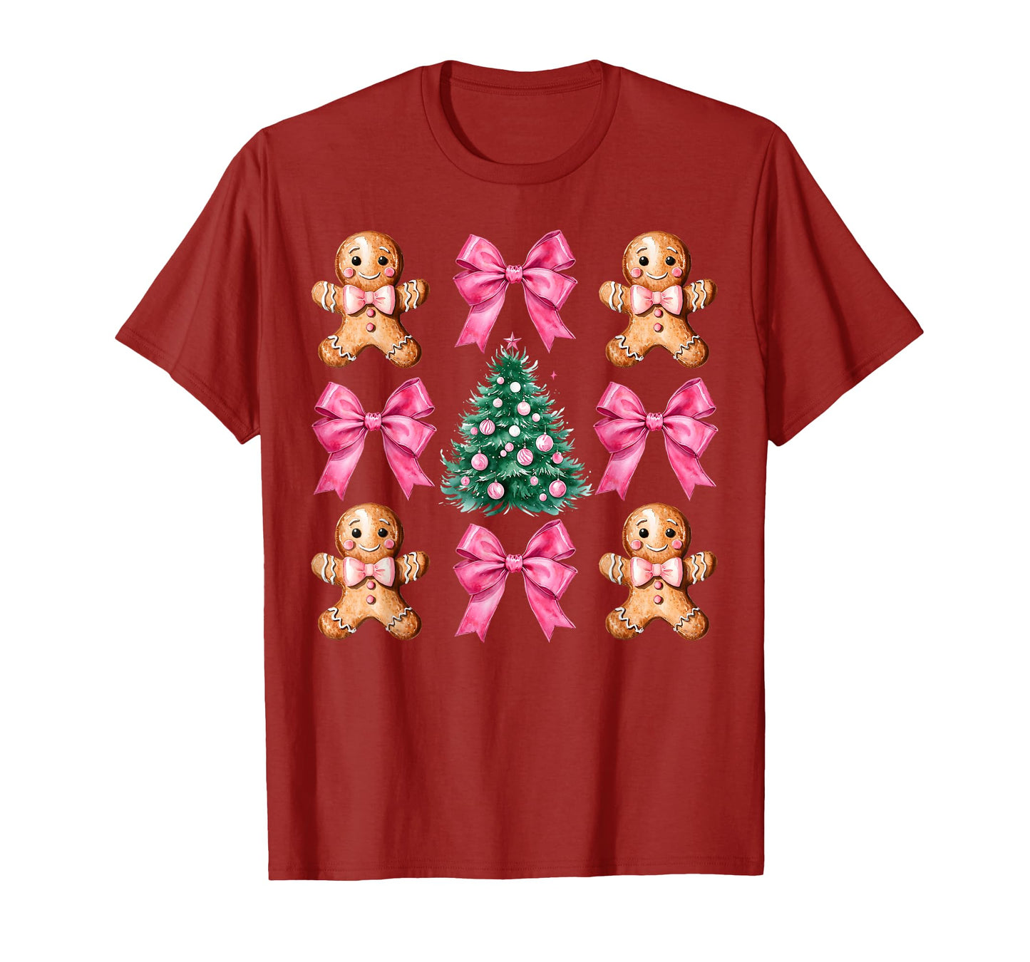 Cute Coquette Pink Bow Xmas Gingerbread Man Christmas Tree T-Shirt