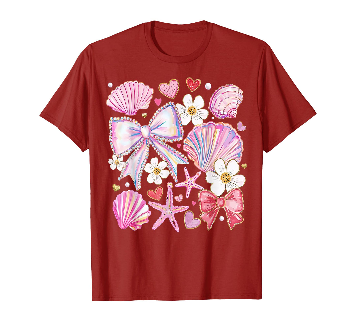 Coquette Pearl Bow Pink Starfish Seashell Summer For Girls T-Shirt