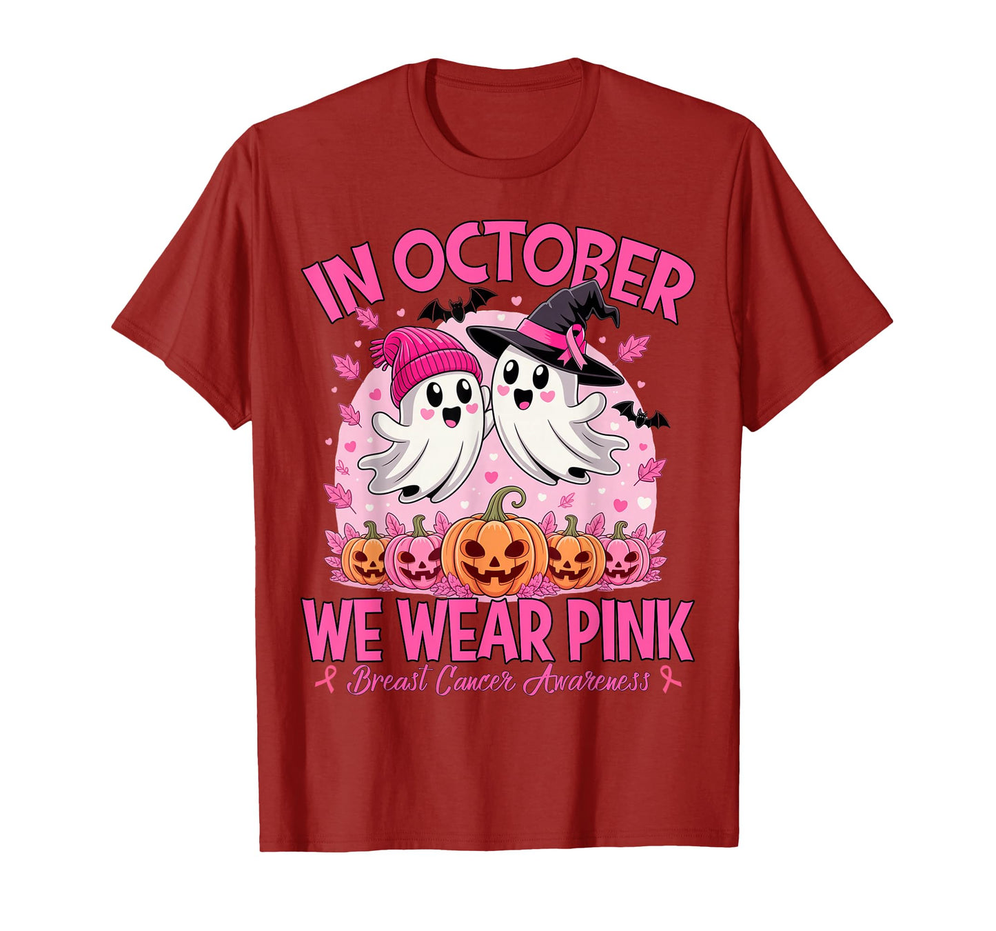 in October We Wear Pink Ghost Witch Breast Cancer Awareness T-Shirt