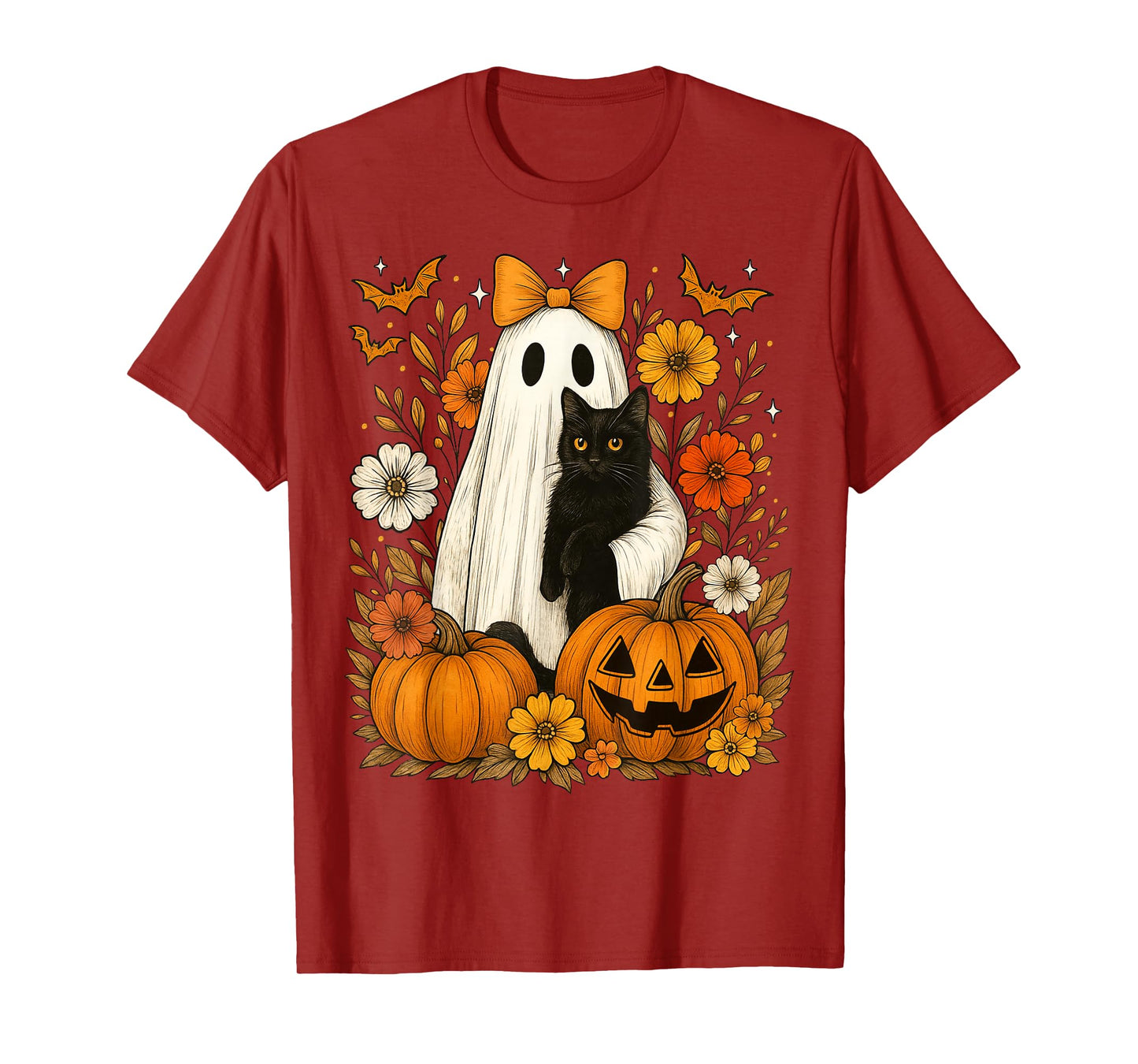 Vintage Halloween Ghost Holding Black Cat Groovy Floral T-Shirt