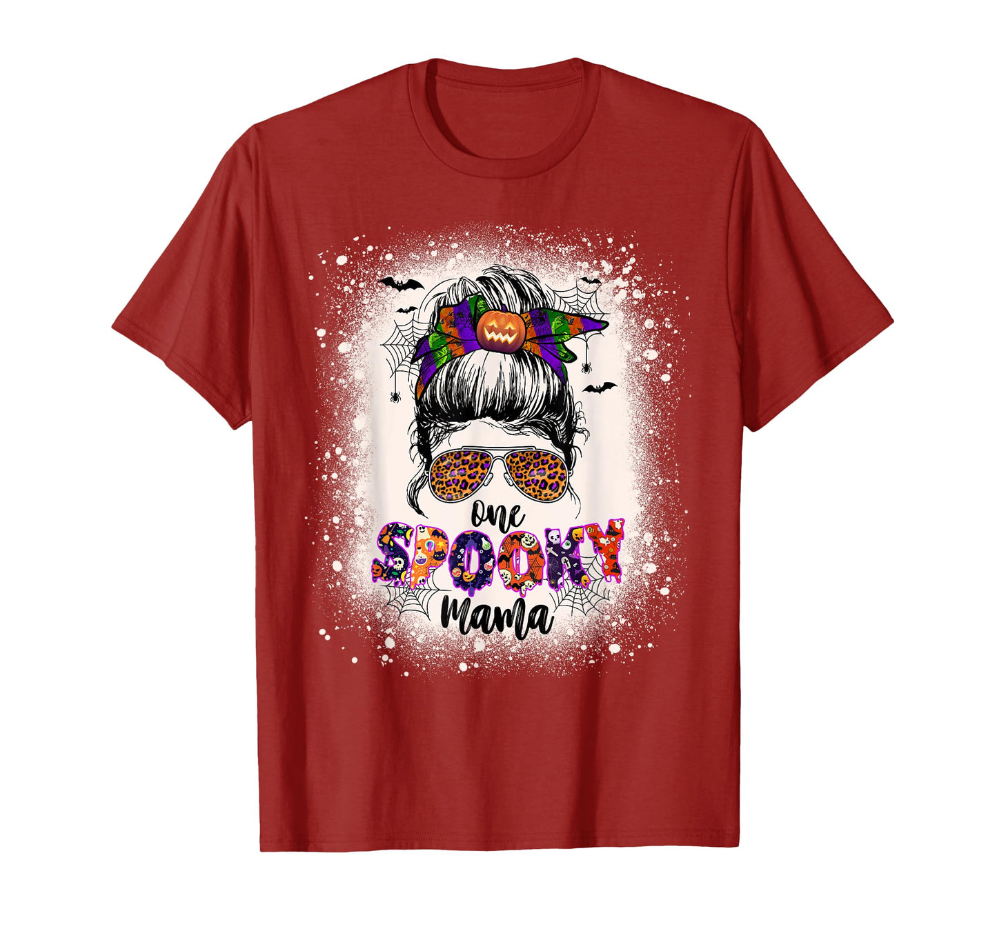 One Spooky Mama Mommy Halloween Mom Life Messy Bun Bleached T-Shirt