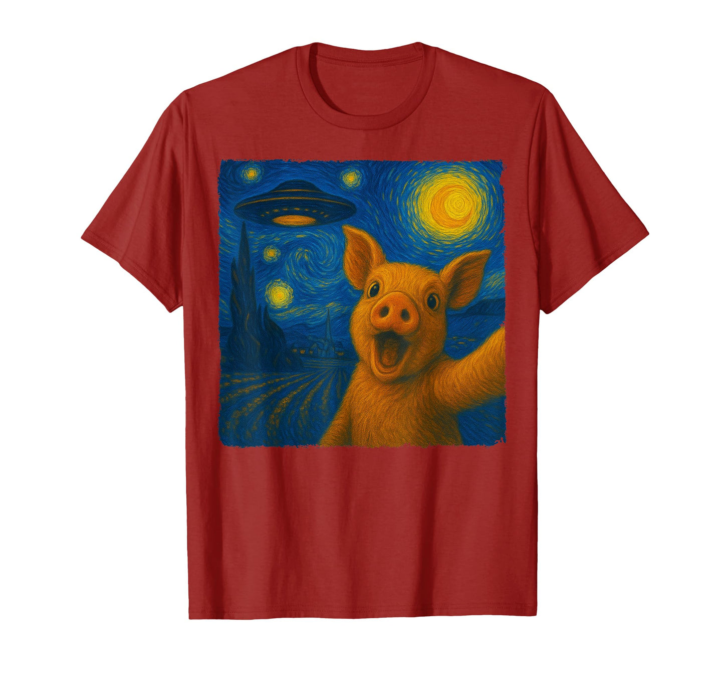 Pig Selfie with UFO Starry Night Van Gogh Gift Men Women Kid T-Shirt