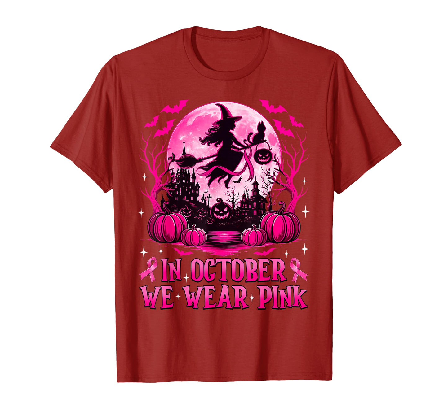 in October We Wear Pink Witch Breast Cancer Awareness Women T-Shirt
