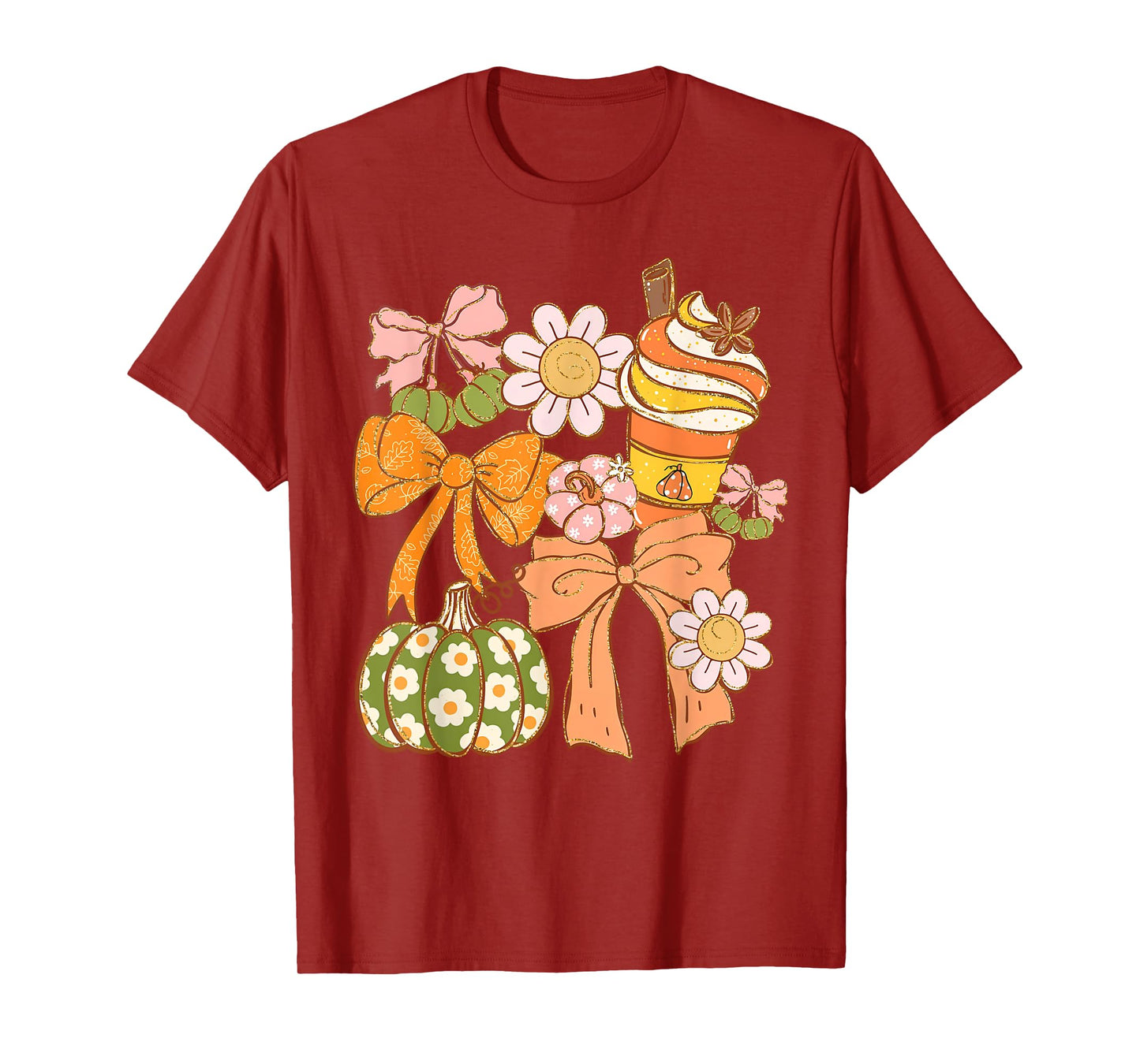 Coquette Bow Pumpkin Season Autumn Fall Leaves Thanksgiving T-Shirt