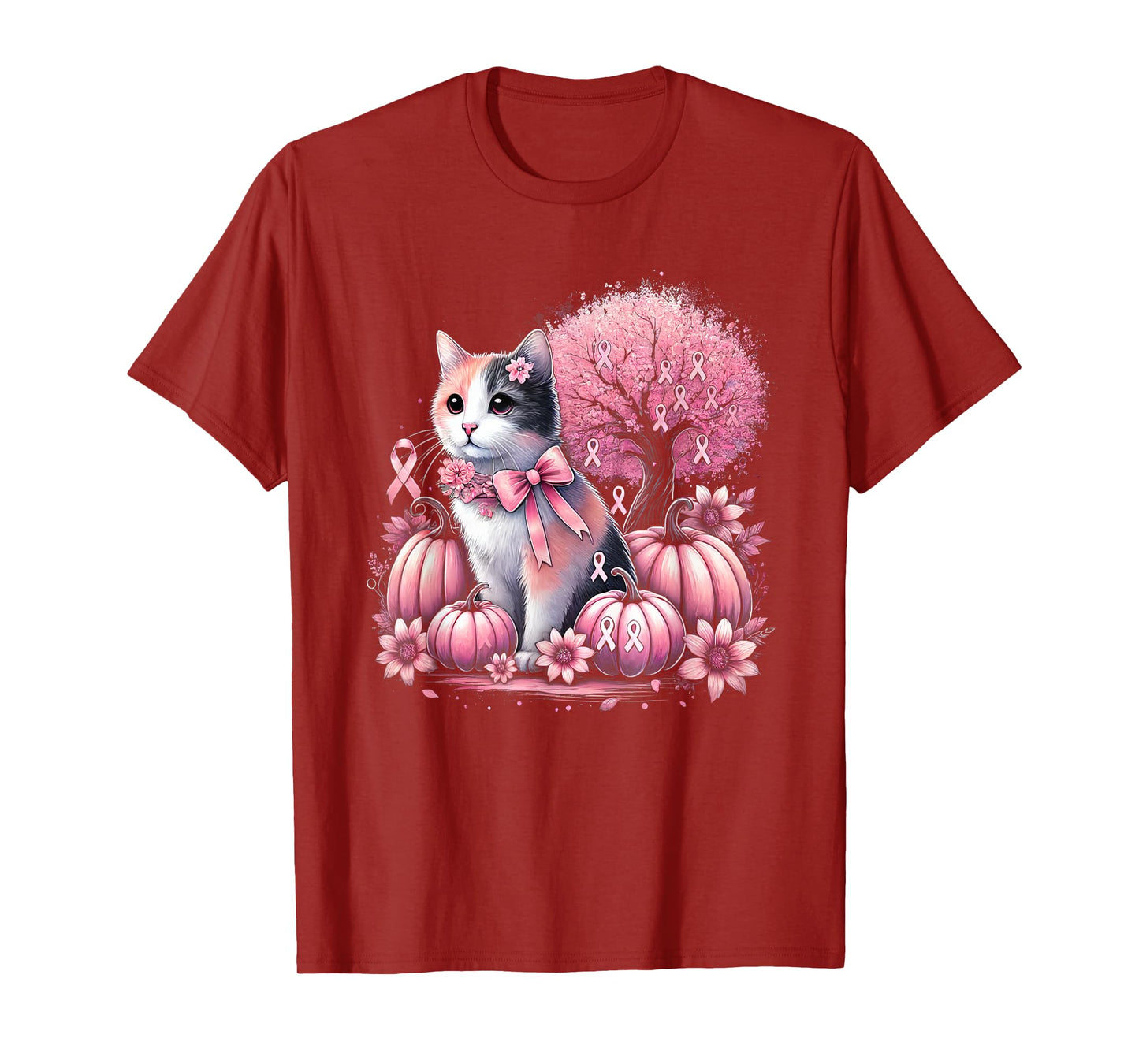 Cat Pink Flower Breast Cancer Awareness Men Women Kids T-Shirt