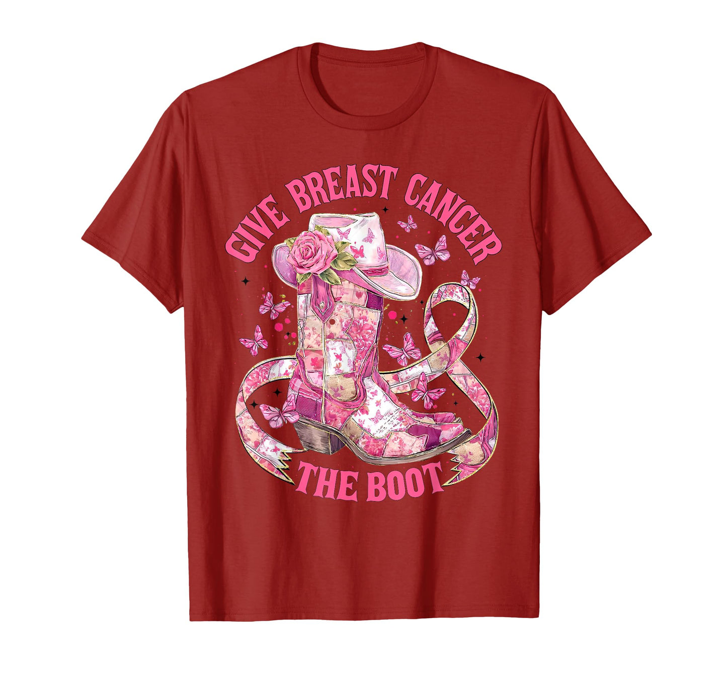 Give Breast Cancer The Boot Pink Ribbon Western Cowboy Boots T-Shirt