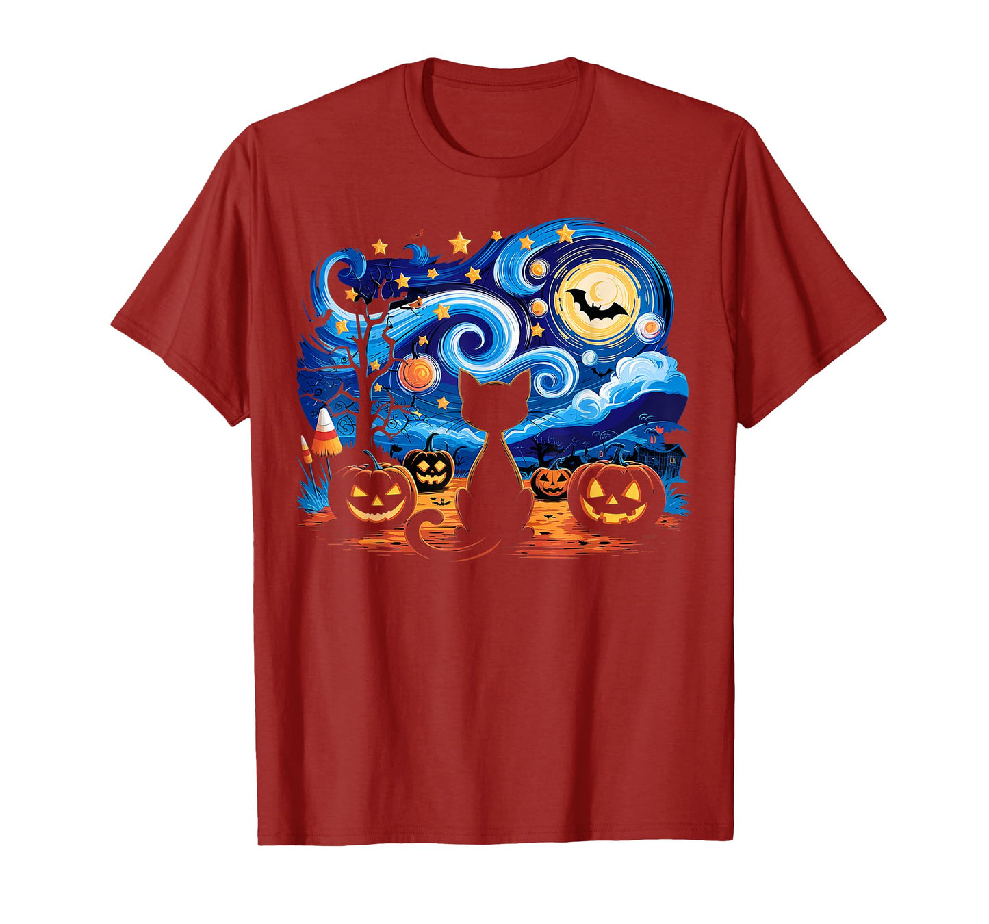 Halloween Cat Starry Night Gifts Cat Mom Cat Dad Cat Lover T-Shirt