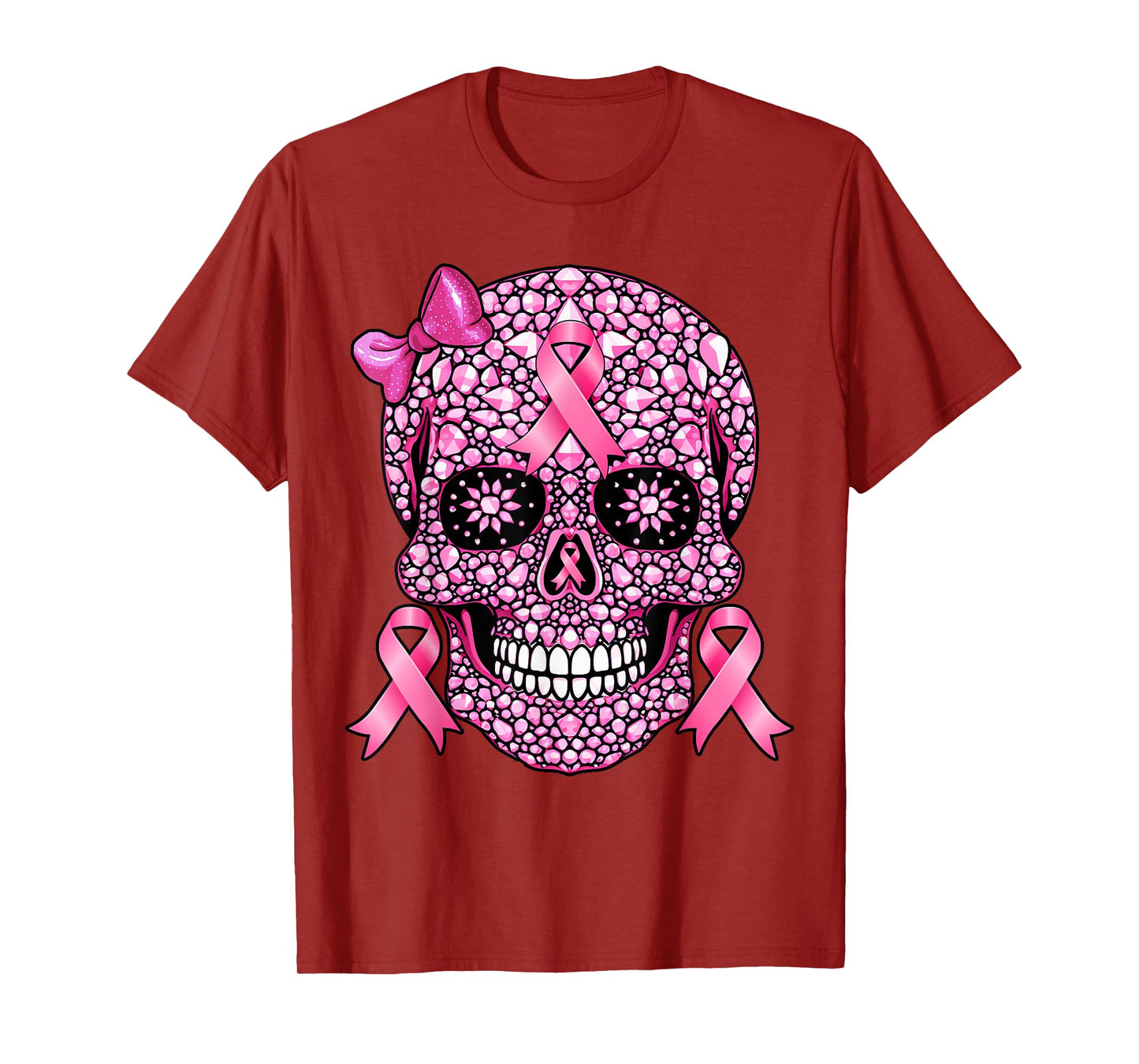 Sugar Skull Pink Ribbon Breast Cancer Awareness Girls Women T-Shirt