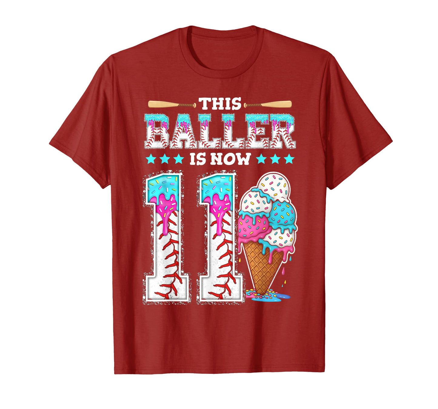 Baller Is Now 11 Year Ice Cream Drip 11th Birthday Baseball T-Shirt
