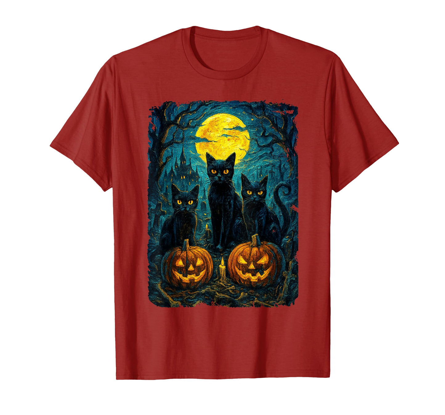 Black Cat Halloween Cat Lovers Starry Night Cat Van Gogh Cat T-Shirt