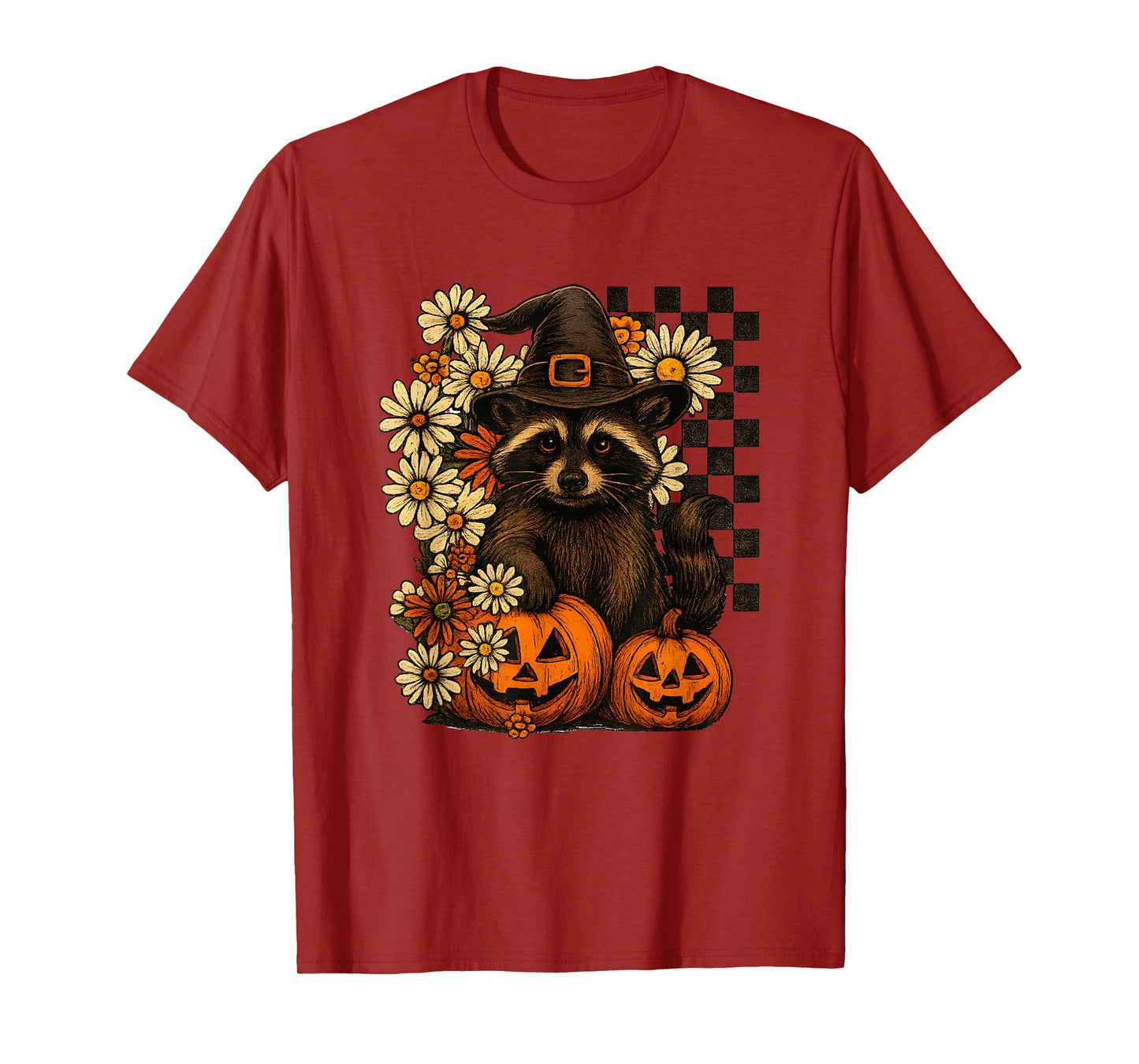 Cute Halloween Raccoon Witch Hat Pumpkins Fall Flowers T-Shirt