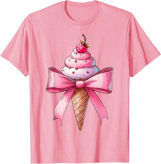 Coquette Bow Ice Cream Cone Pink Ribbon Mom Mothers Day Girl T-Shirt