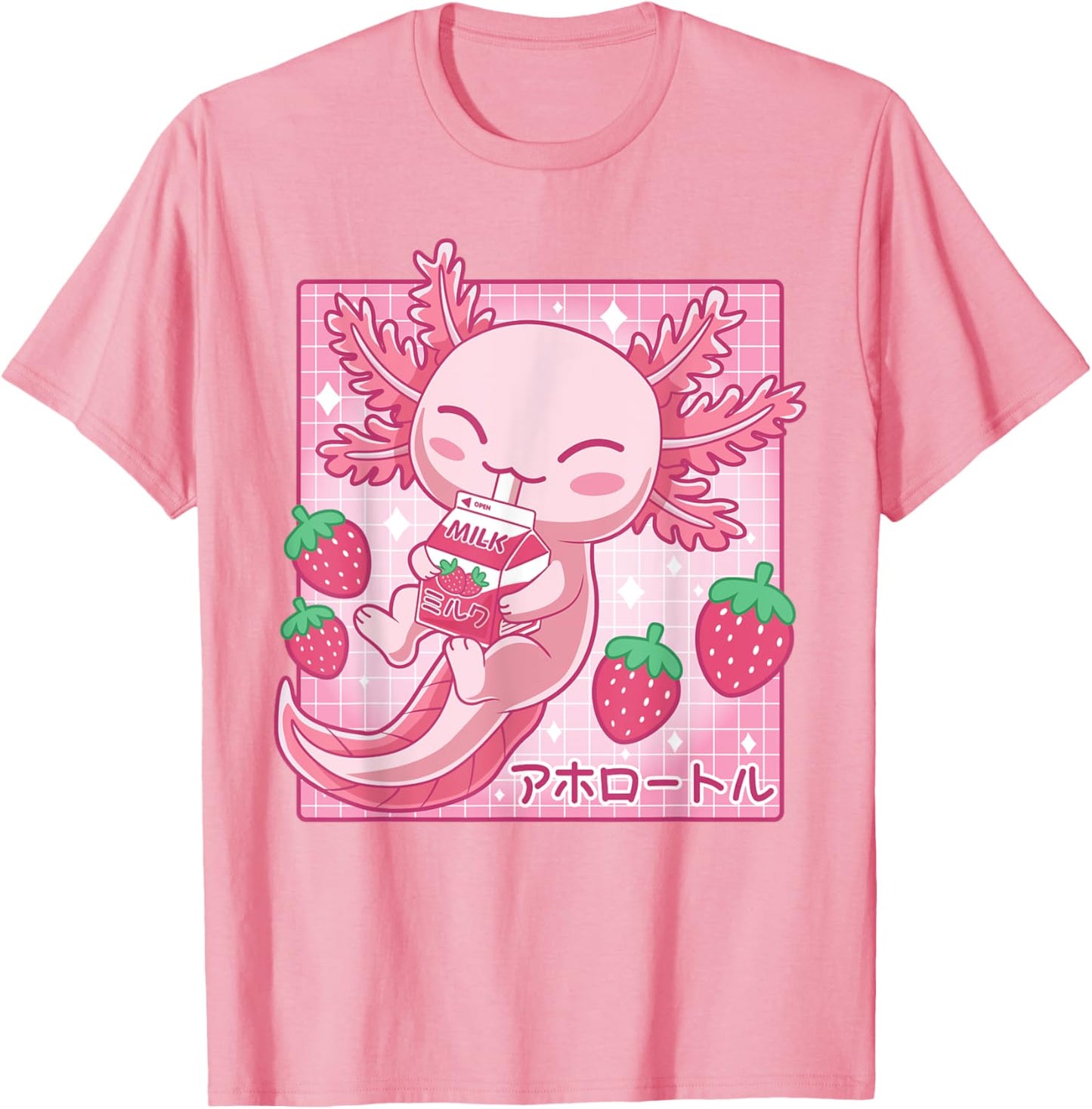 Kawaii Axolotl Strawberry Milk Japanese Anime Style T-Shirt