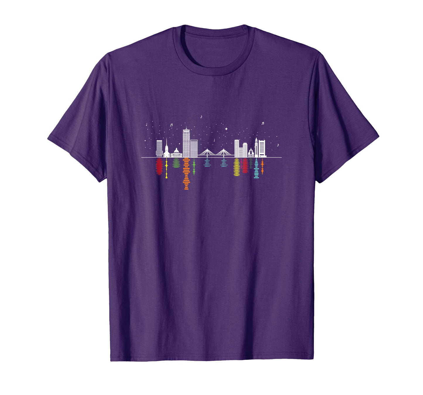 Boston Night Skyline with Music & Sound Wave Reflections T-Shirt