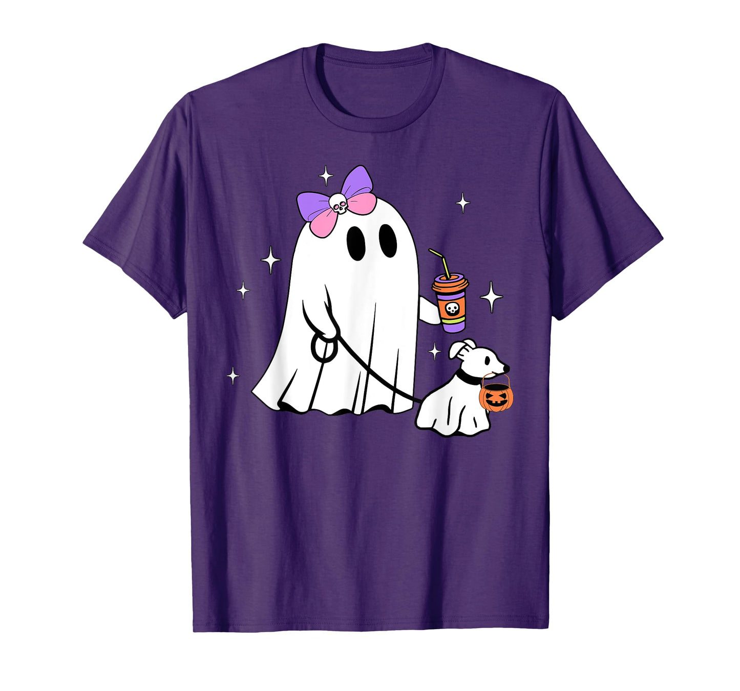 Halloween Cute Ghost Walking Dog Spooky Coquette Ghost Women T-Shirt