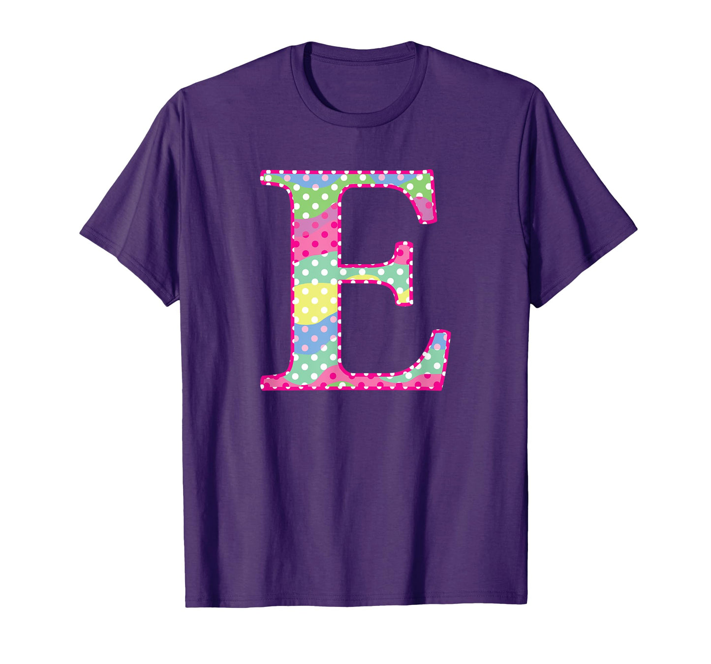 Girls Colorful Rainbow Polka Dot Monogram Initial Letter E T-Shirt