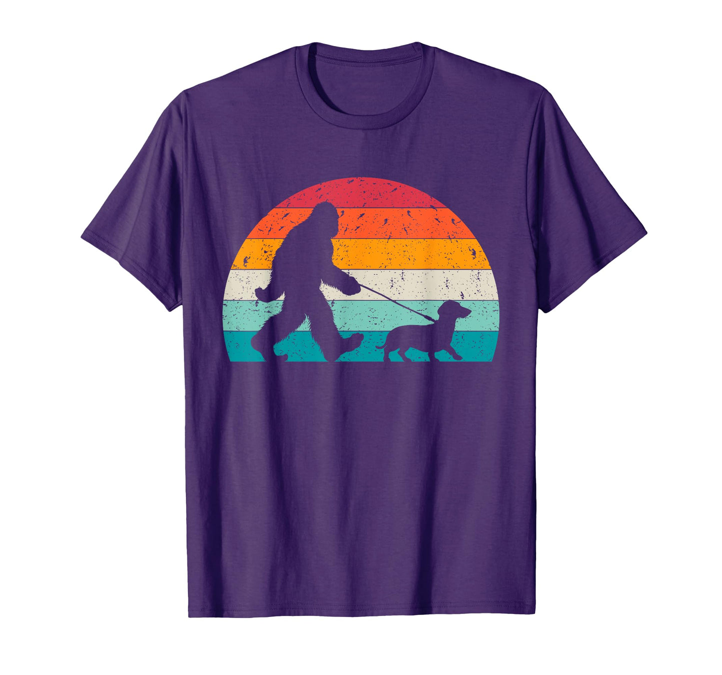 Retro Sasquatch Lover Doxie Wiener Dog Walker Bigfoot Walking a Dog Funny Dachshund Weiner Dog Dad Weenie T-Shirt, Small, Black